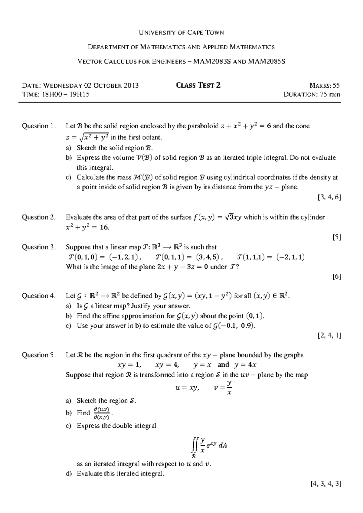 MAM2083S & MAM2085S Vector Calculus Class Test 2 Questions (2013) - Studocu