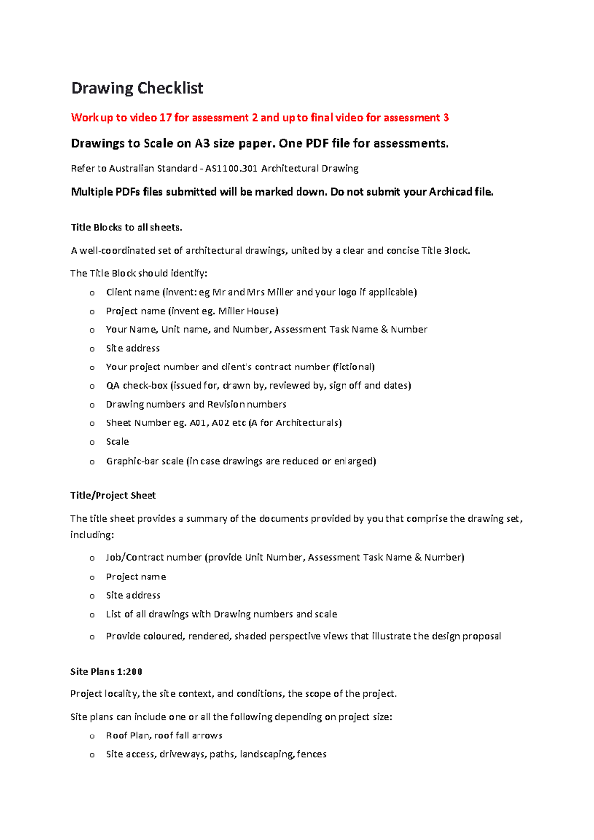Drawing and CAD Checklist for Assessments 2 &amp; 3 (AS1100.301) - Studocu