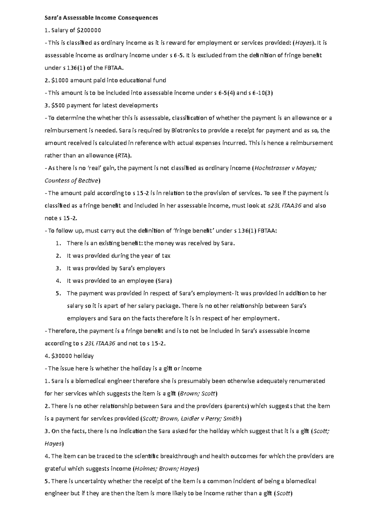 BLAW30001 2020 Assignment: Assessable Income Analysis for Sara - Studocu