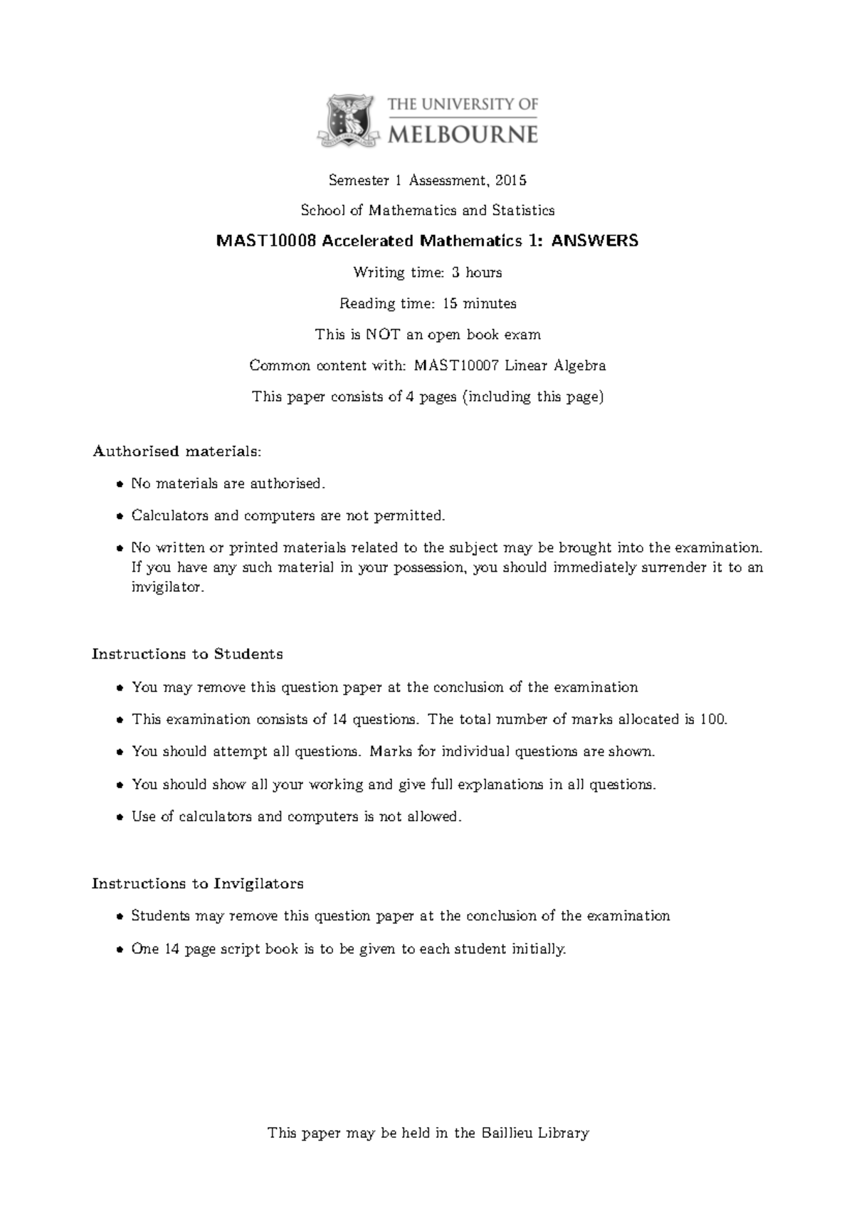 Exam June 2015, questions and answers - ! Semester 1 Assessment, 2015 ...