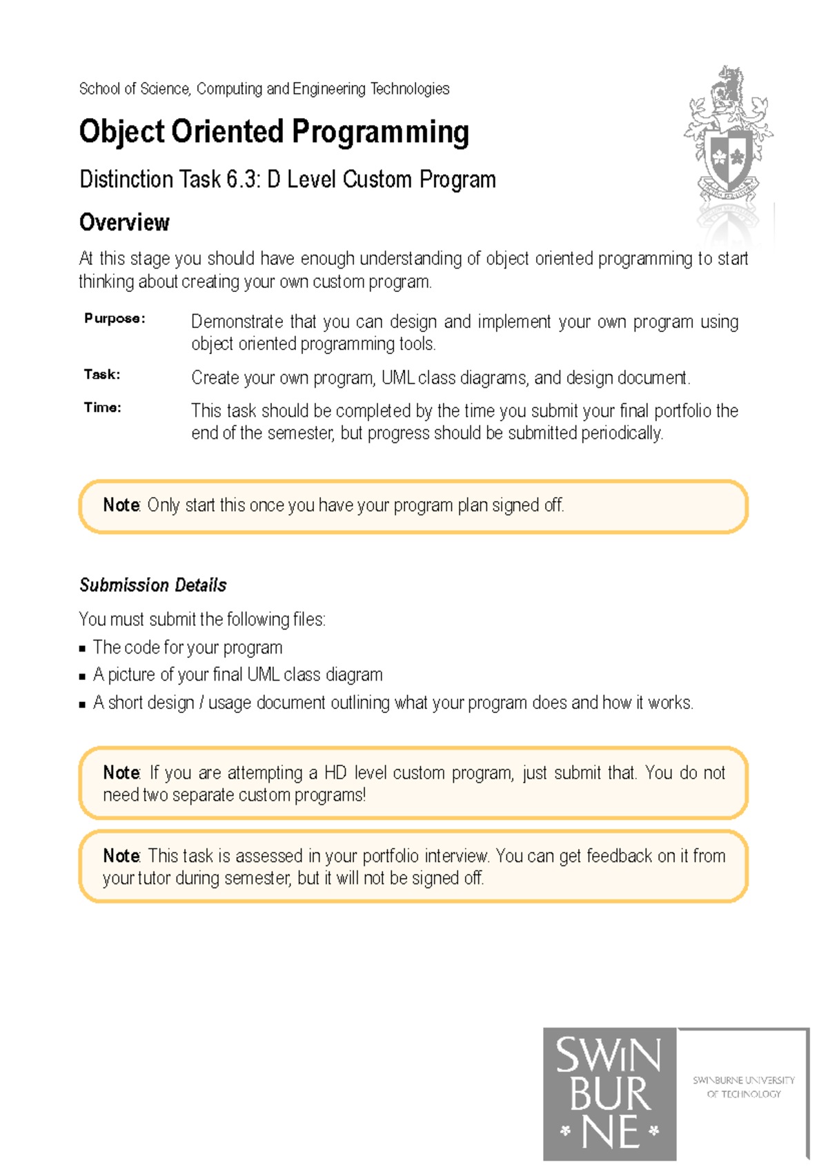 Distinction Task 6: D Level Custom Program Overview & Instructions ...
