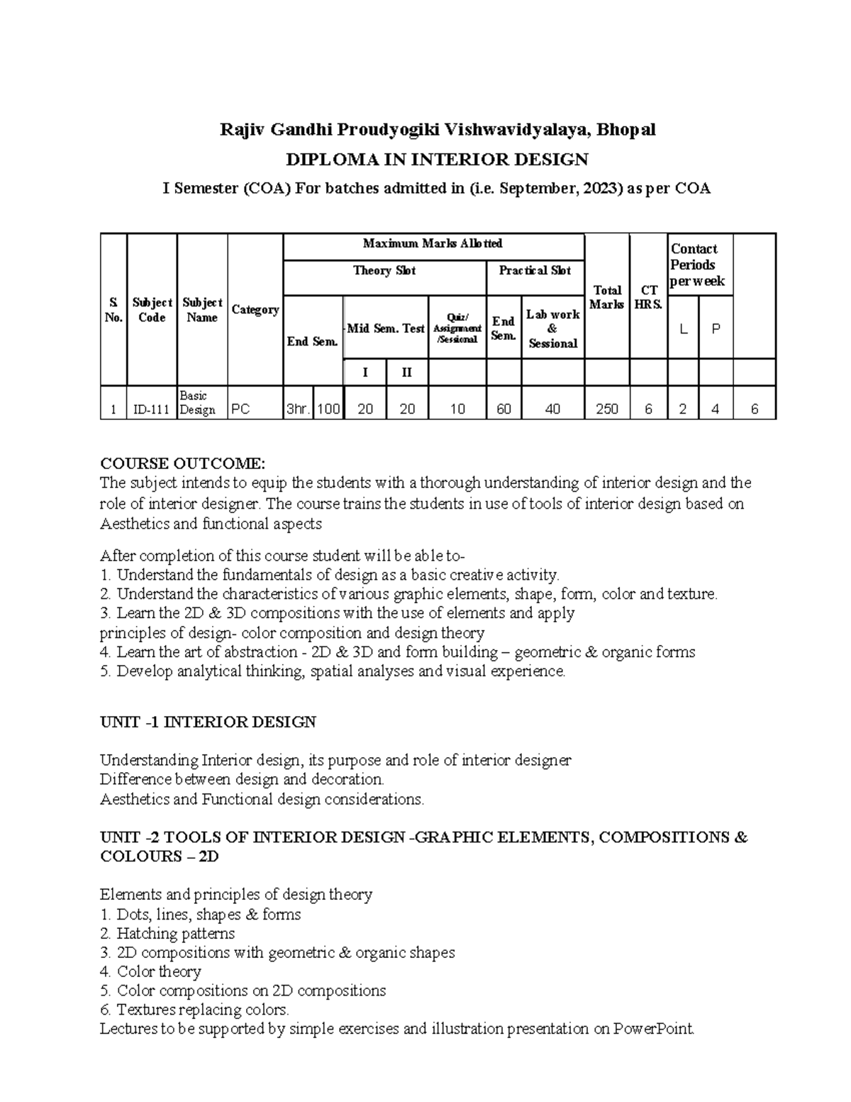 Diploma in Interior Design I Sem Syllabus (COA) - Sept 2023 - Studocu