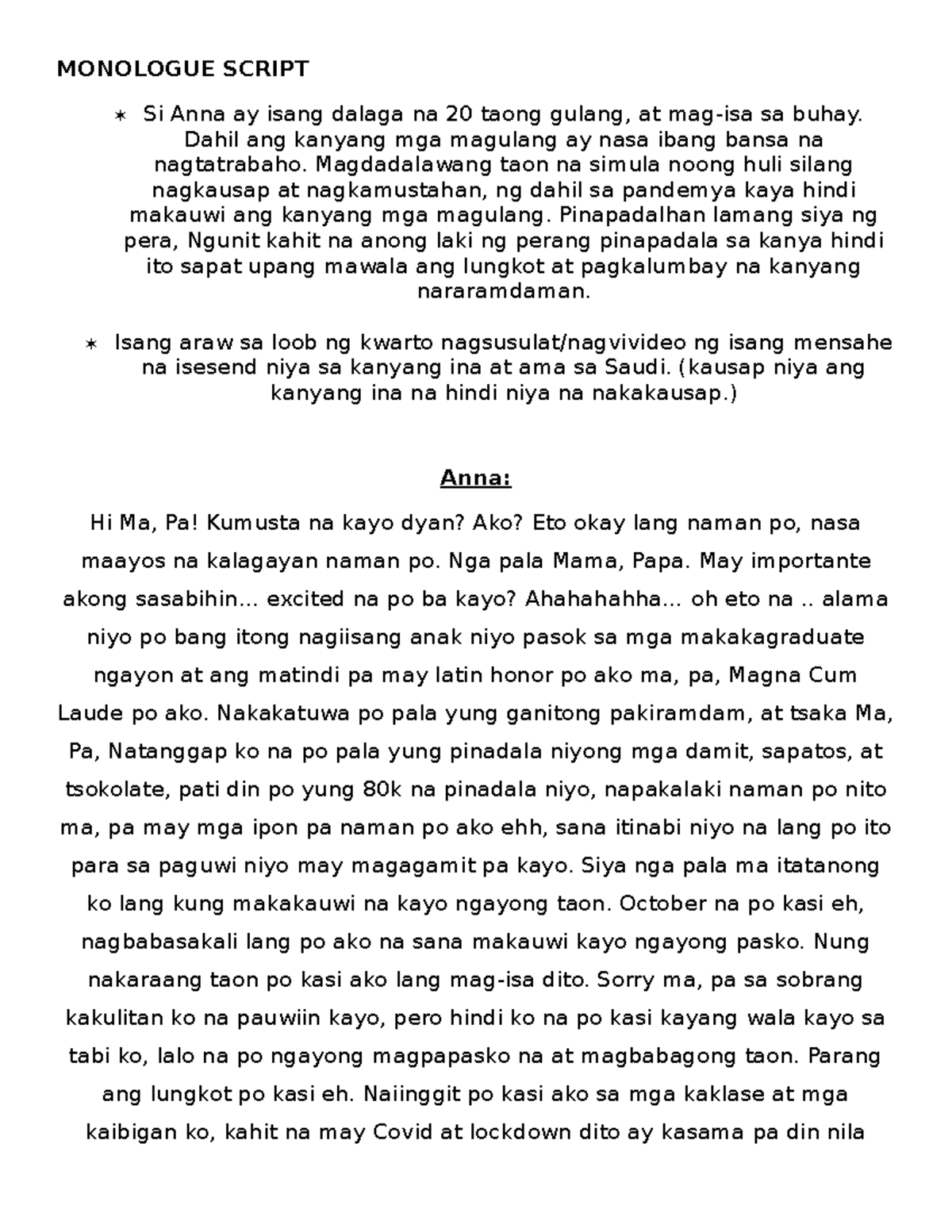 Monologue Script - iii - MONOLOGUE SCRIPT Si Anna ay isang dalaga na 20 ...