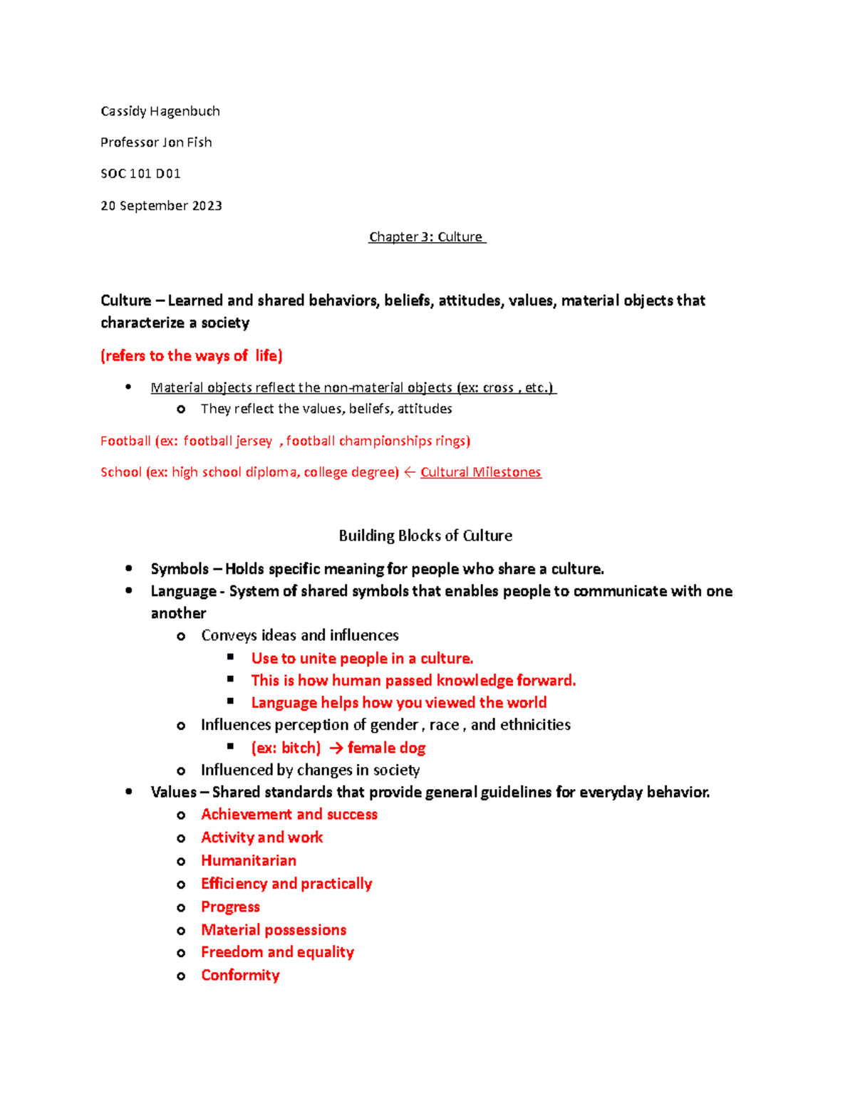 SOC 101 Chapter 3 Lecture Notes: Understanding Culture (9-20-23) - Studocu