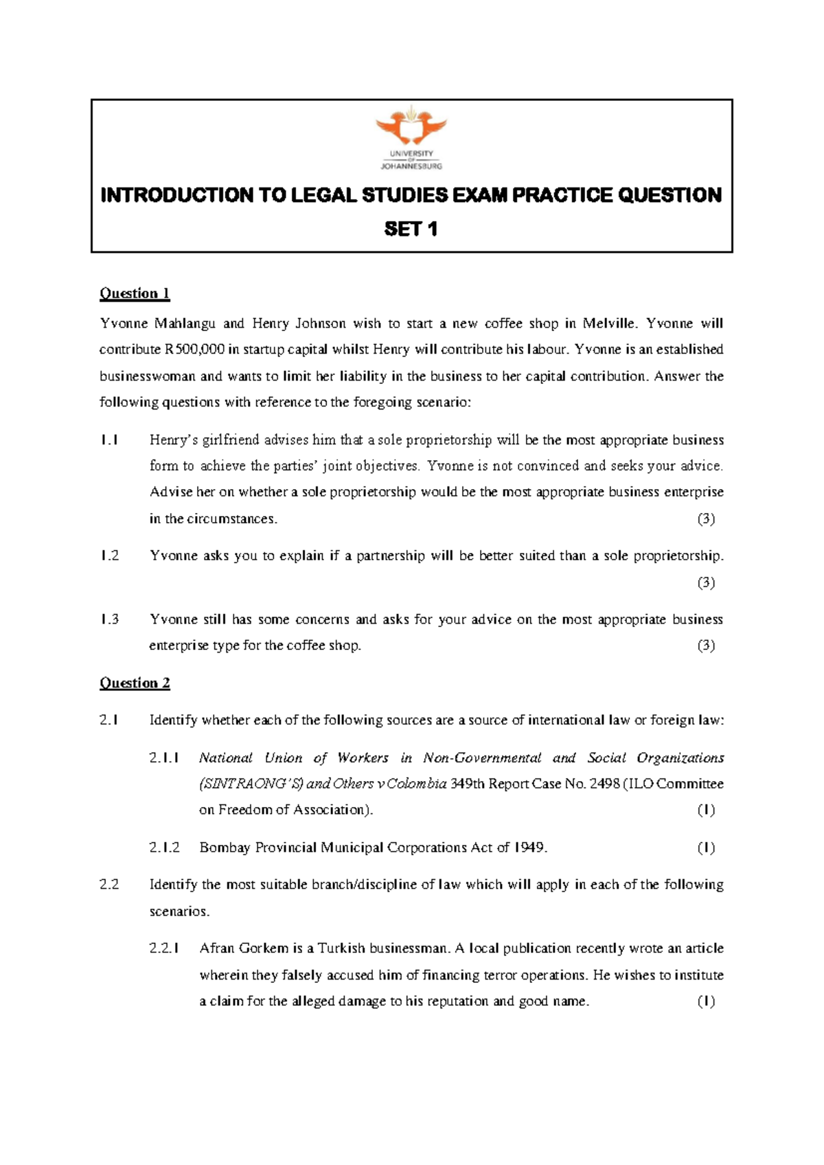 LEGAL STUDIES - EXAM PRACTICE QUESTIONS SET 1 - INTRODUCTION TO LAW ...
