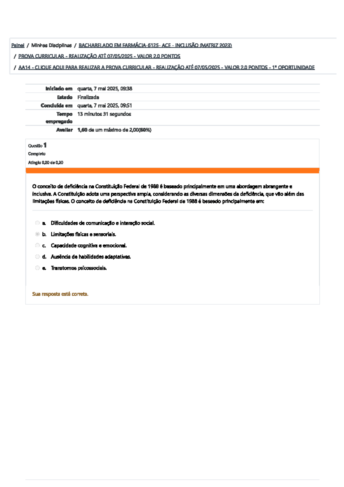 Prova Curricular BACHARELADO EM ACE INCLUSÃO - 1ª OPORTUNIDADE 2023 ...
