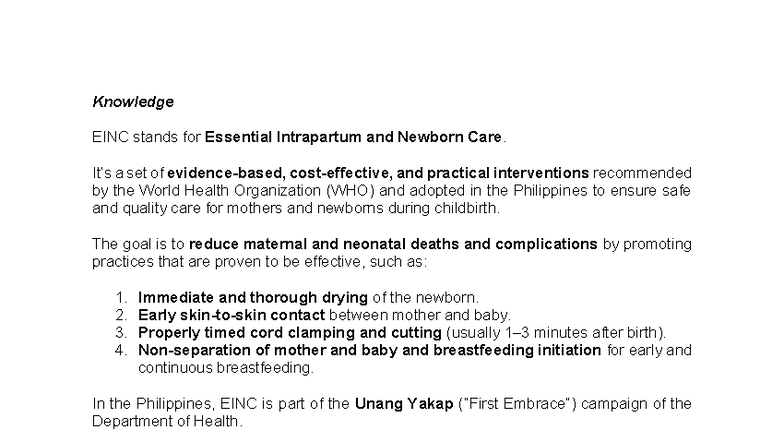 EINC Notes: Essential Intrapartum & Newborn Care Guidelines - Studocu