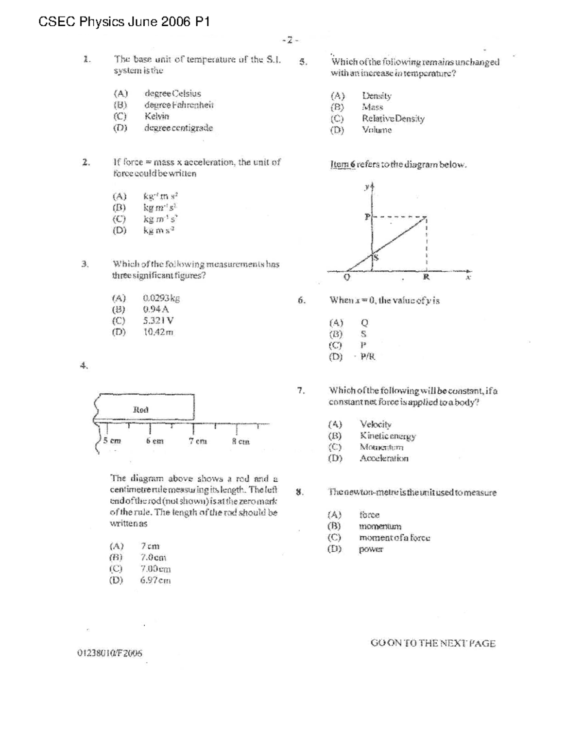 CSEC Physics June 2006 Paper 1: Temperature, Forces, and Energy ...