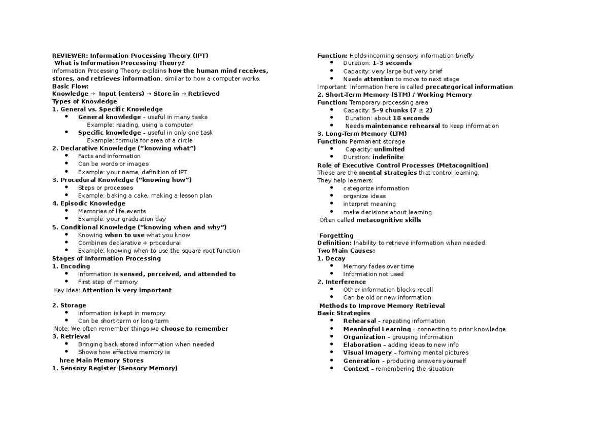 REVIEWER: Information Processing Theory & Gestalt Psychology - Studocu