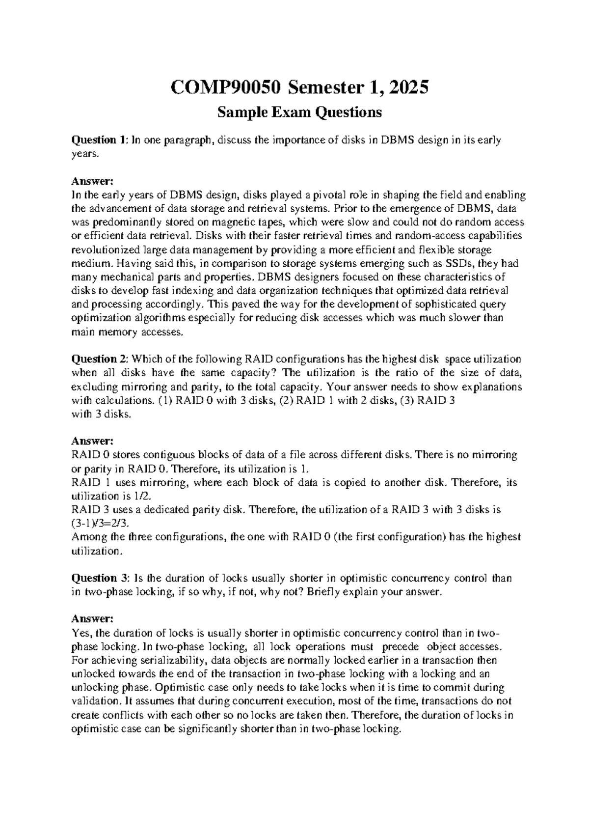 COMP90050 Semester 1, 2025 Sample Exam Questions and Answers - Studocu