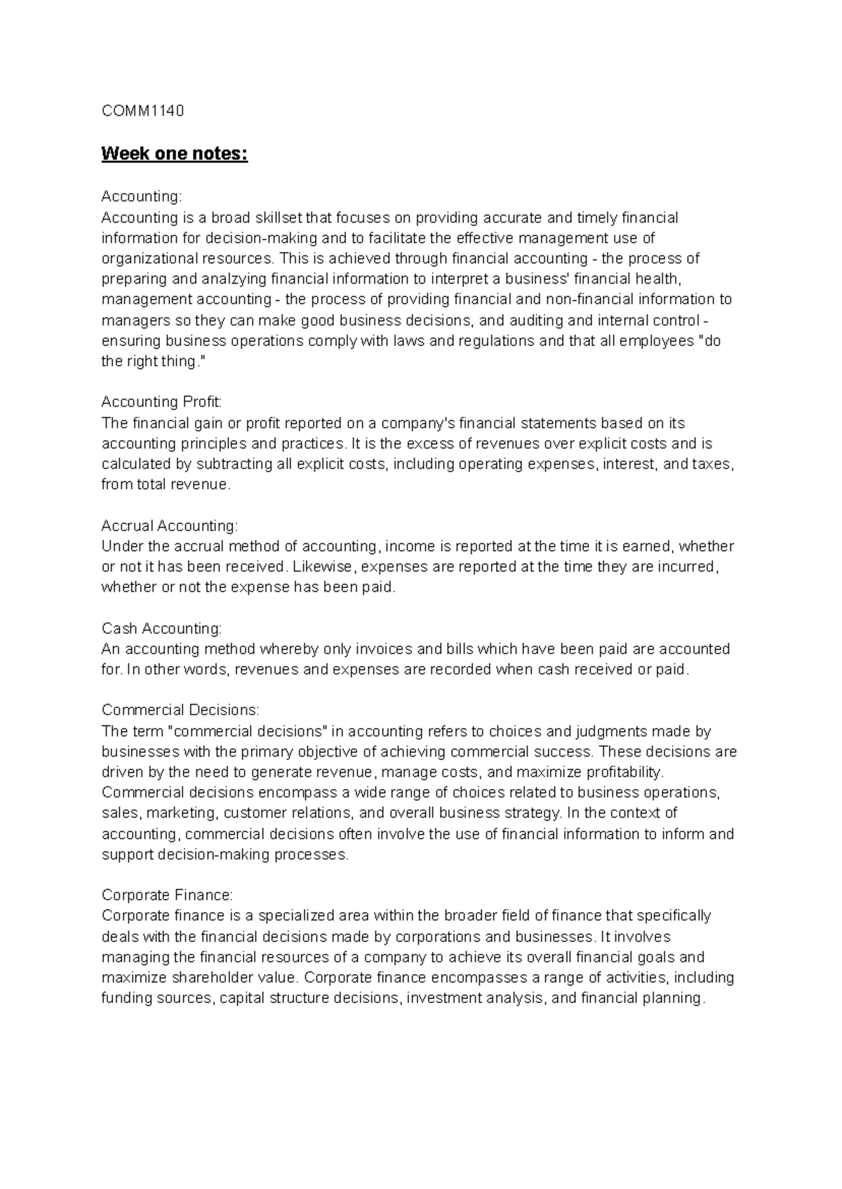 COMM1140 Week 1-5 Summary: Key Accounting Concepts and Principles - Studocu
