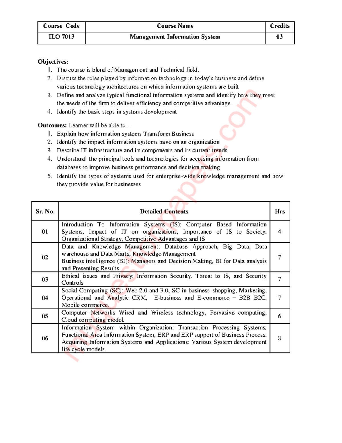 Syllabus for ILO 7013: Management Information System Course - Studocu