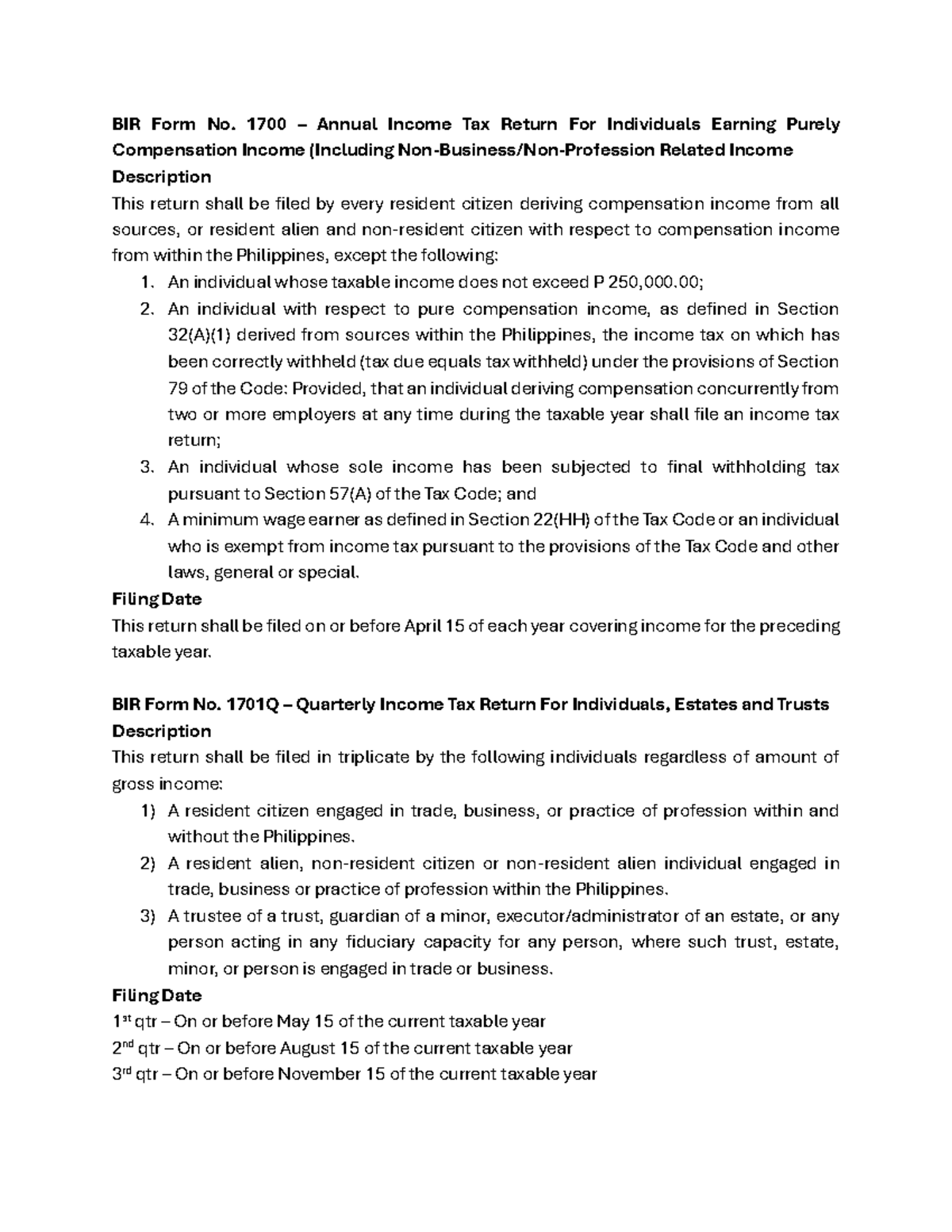 BIR Form No. 1700 - Annual Income Tax Return for Purely Compensation ...
