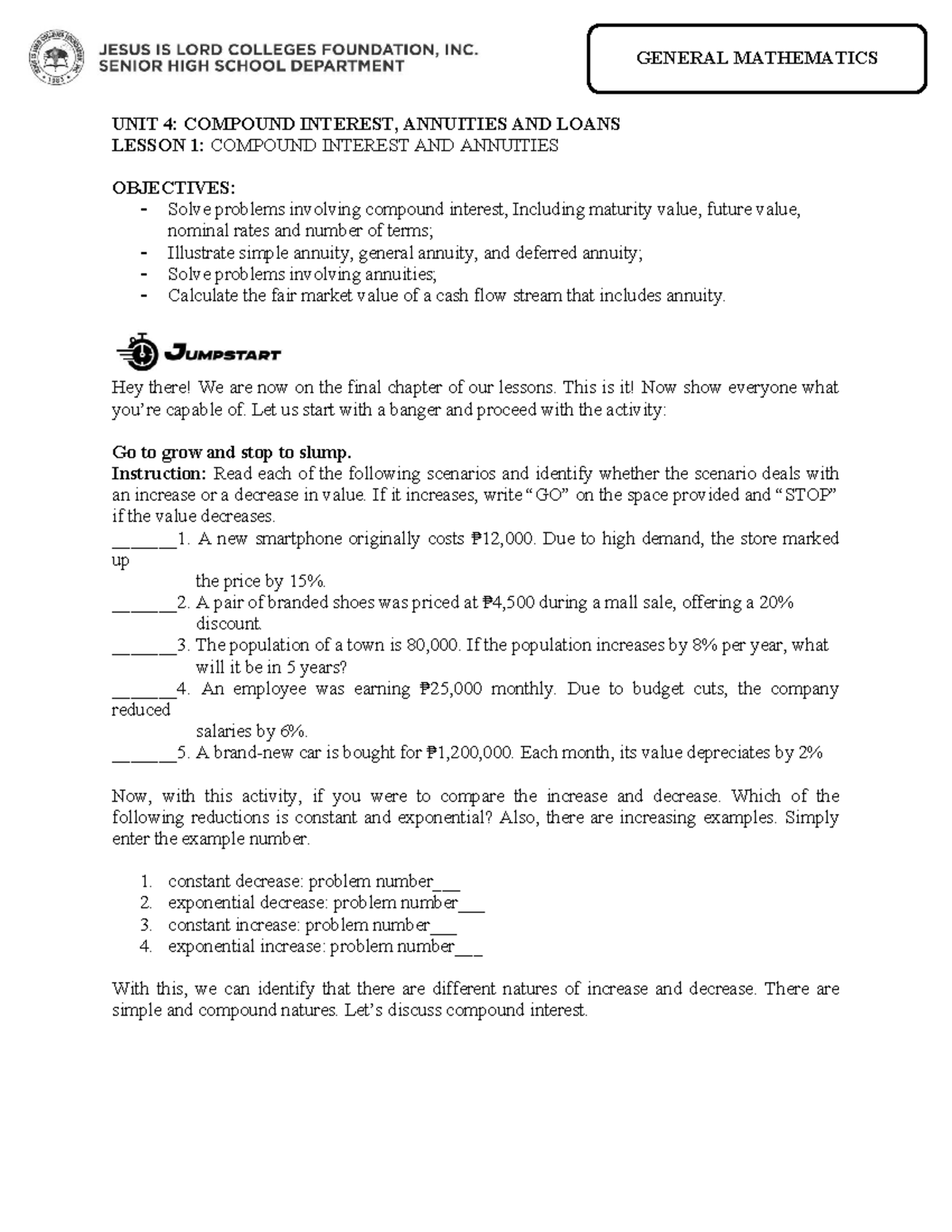 GENERAL MATHEMATICS UNIT 4: COMPOUND INTEREST & ANNUITIES LESSON 1 ...