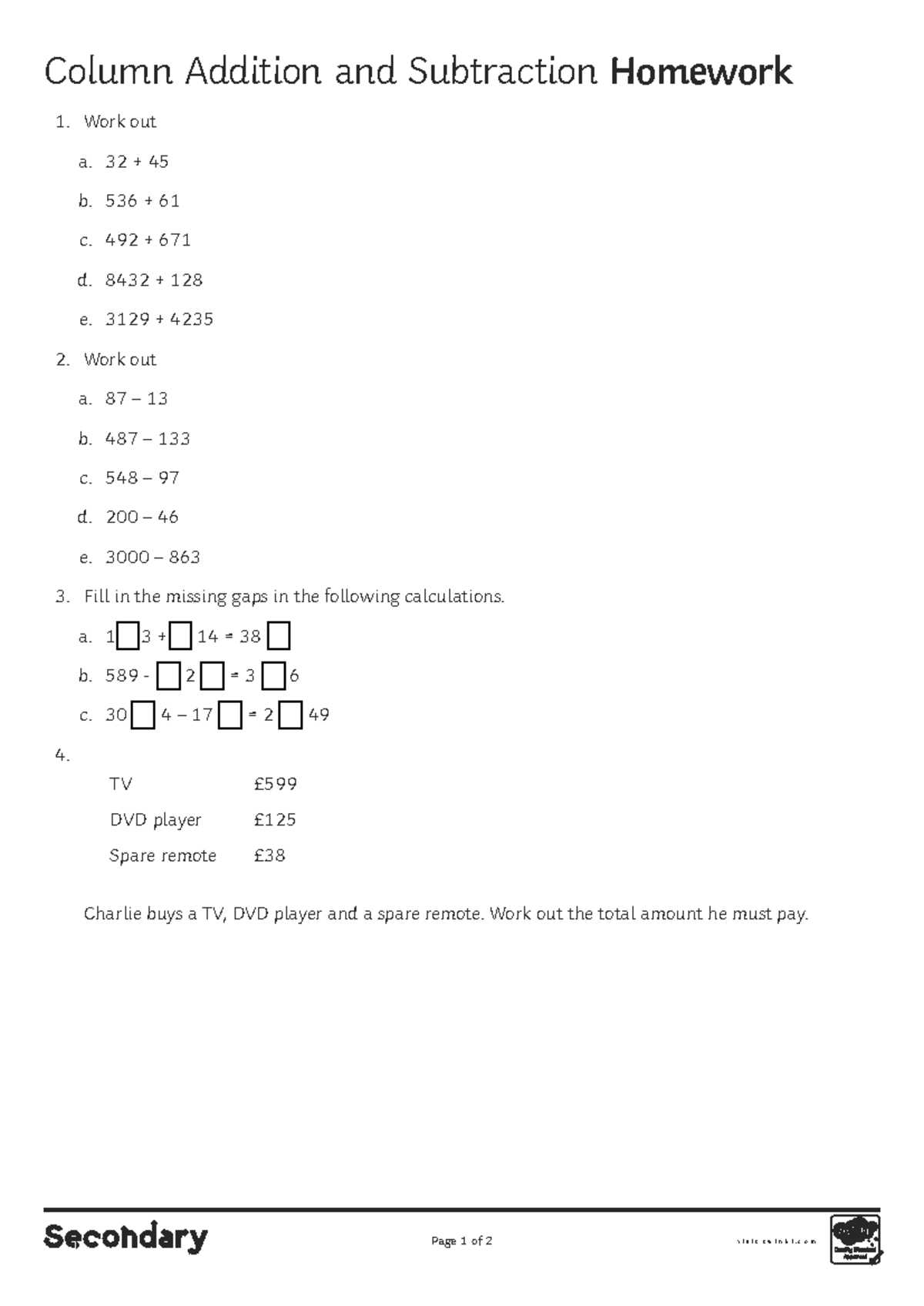 Column Addition and Subtraction - Homework 1 (Math 101) - Studocu