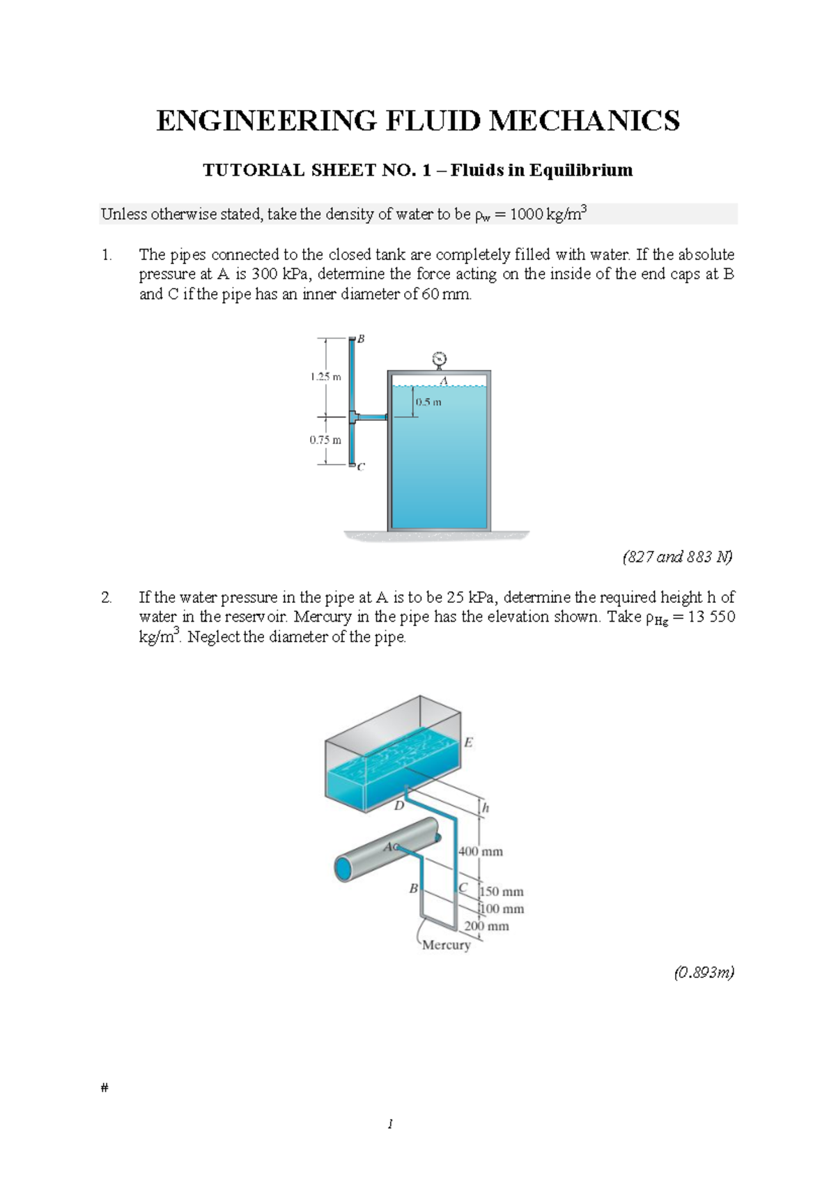 MEC208 Engineering Fluid Mechanics: Tutorial Solutions 1-2 - Studocu