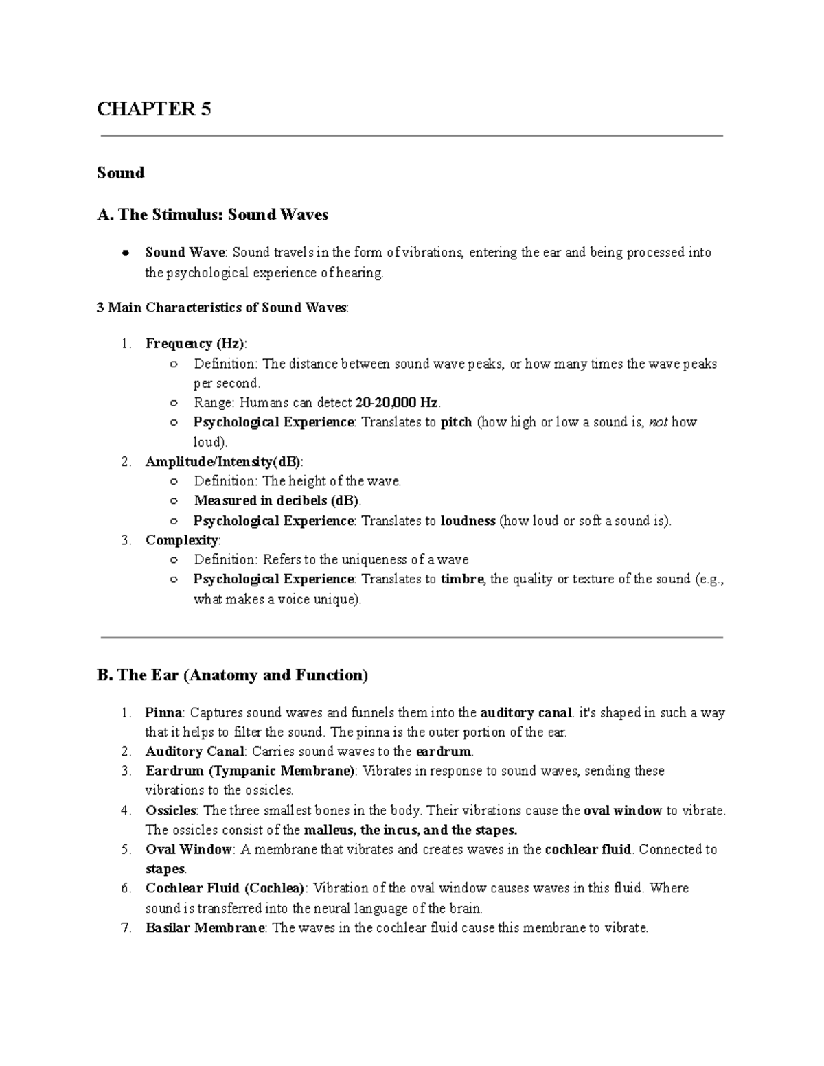 PSY 1101 Midterm 2 - Chapter 5: Sound and Perception Notes - Studocu