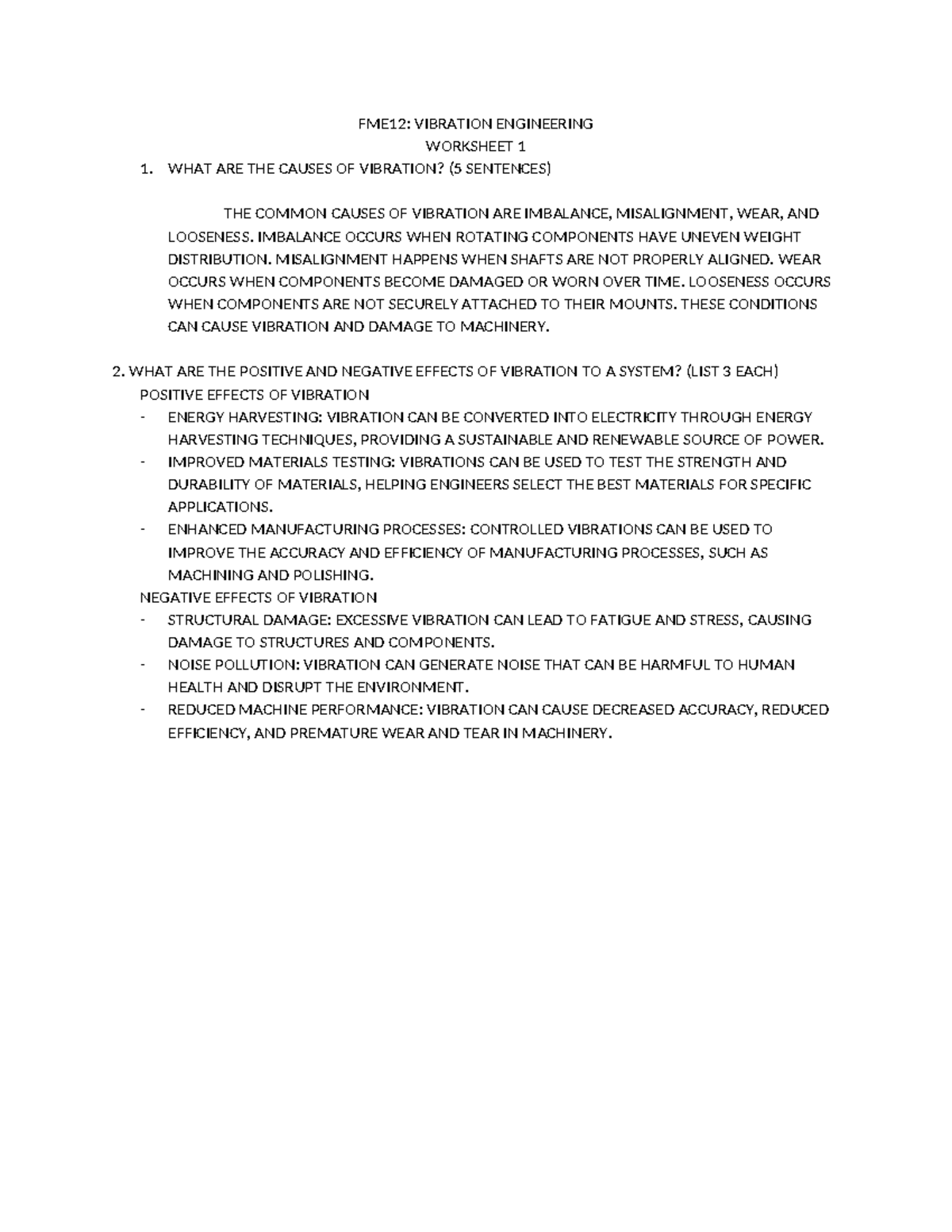 Vibration Worksheet 1 - FME12: VIBRATION ENGINEERING WORKSHEET 1 1 ...