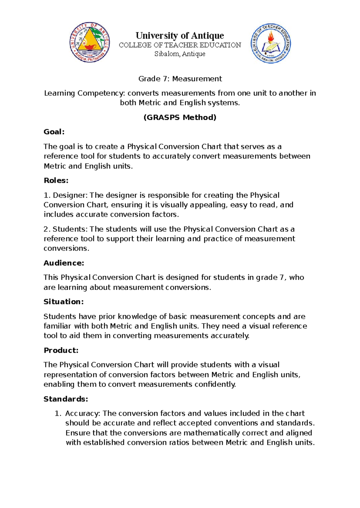 Grade 7 Mathematics: GRASPS Method, Checklist & Interview Sheet - Studocu