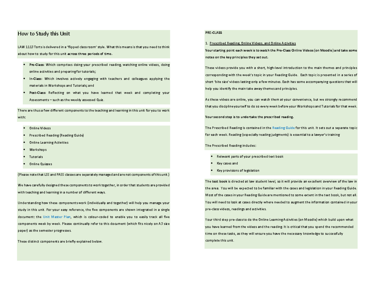 LAW1113 Torts 2024 s2 - Study Guide for Unit Success - Studocu