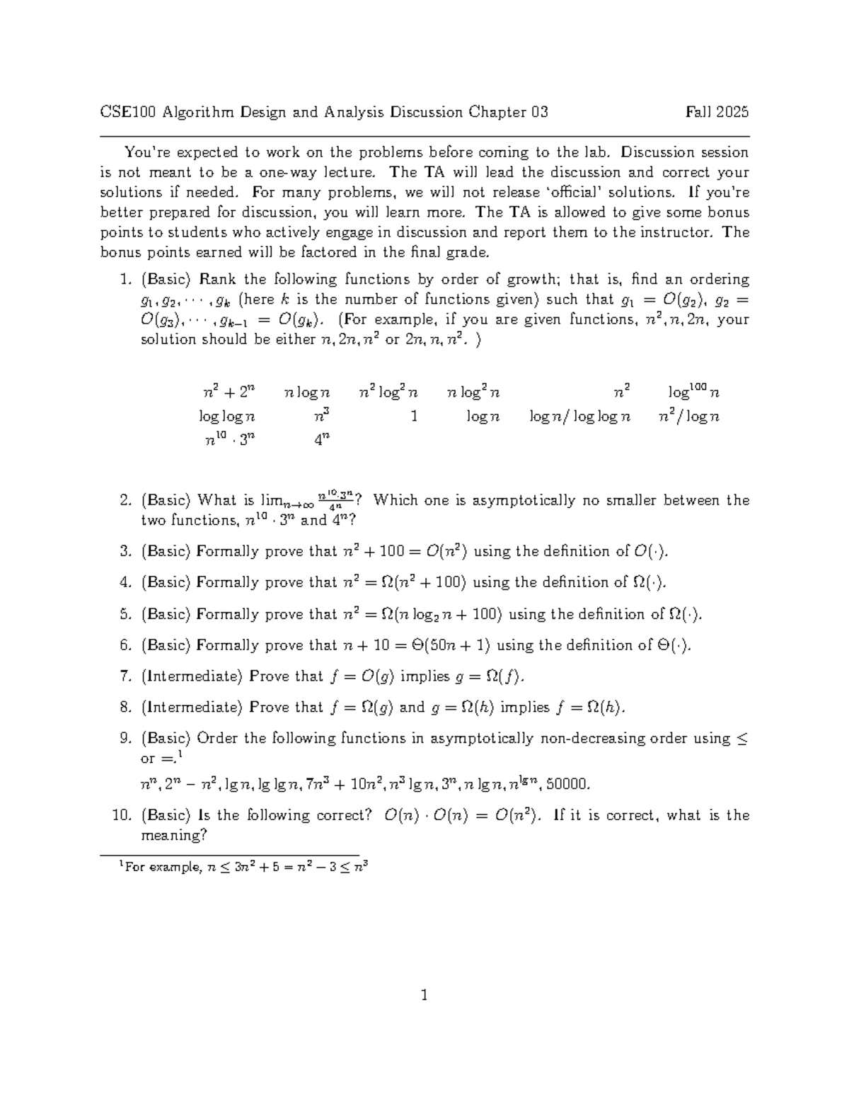 CSE100 Discussion Chapter 03: Algorithm Design & Analysis Fall 2025 ...