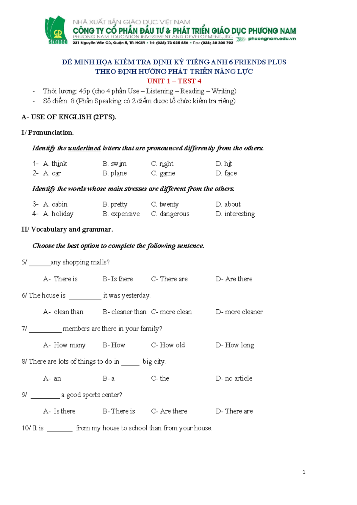 Tiếng anh 6 Friends Plus Unit 1 Test 4k - ĐỀ MINH HỌA KIỂM TRA ĐỊNH KỲ ...