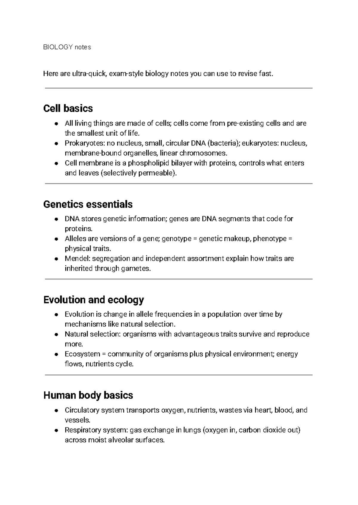 BIO101: Comprehensive Biology Notes for Revision - Studocu