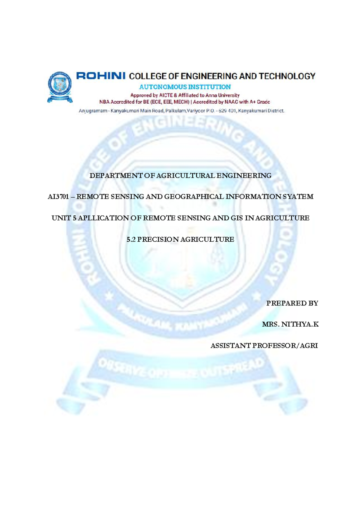 AI3701 Remote Sensing & GIS in Agriculture: Unit 5 Applications - Studocu