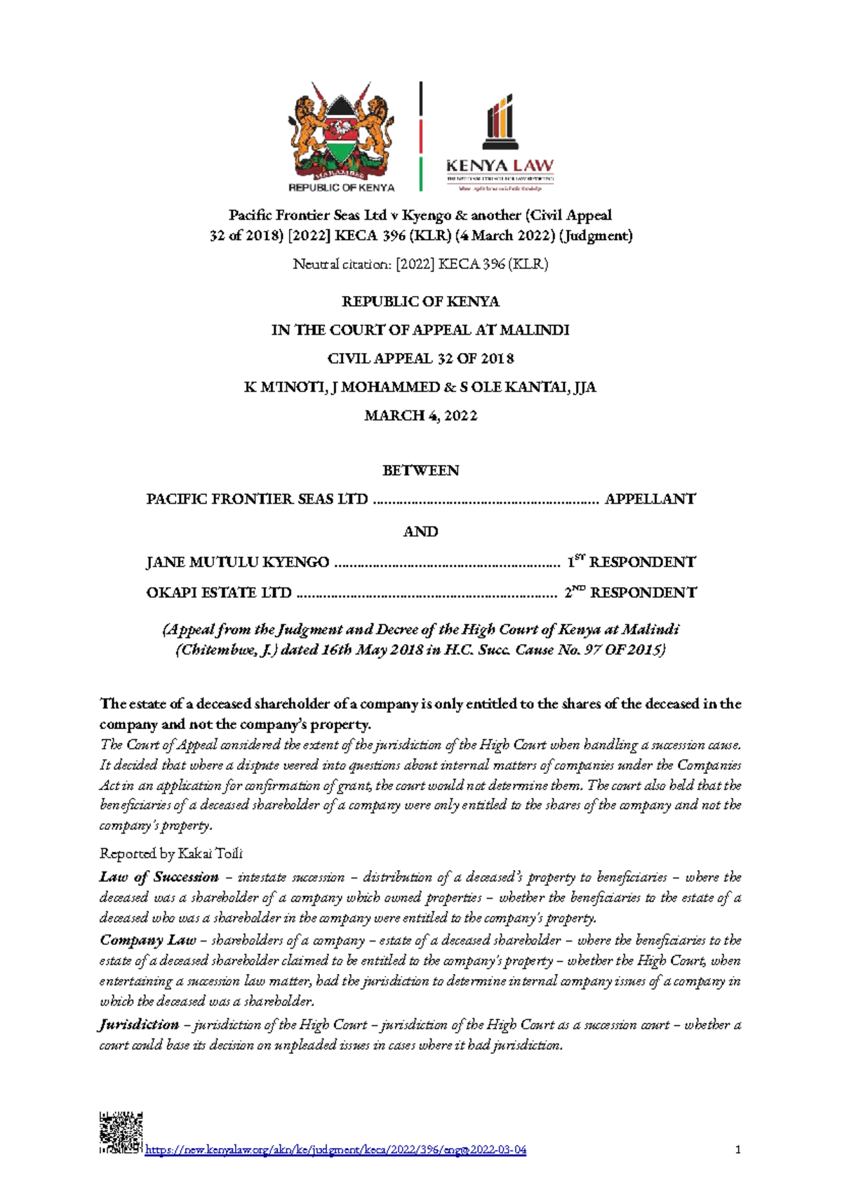 Pacific Frontier Seas Ltd v Kyengo & Another (Civil Appeal 32/2018 ...