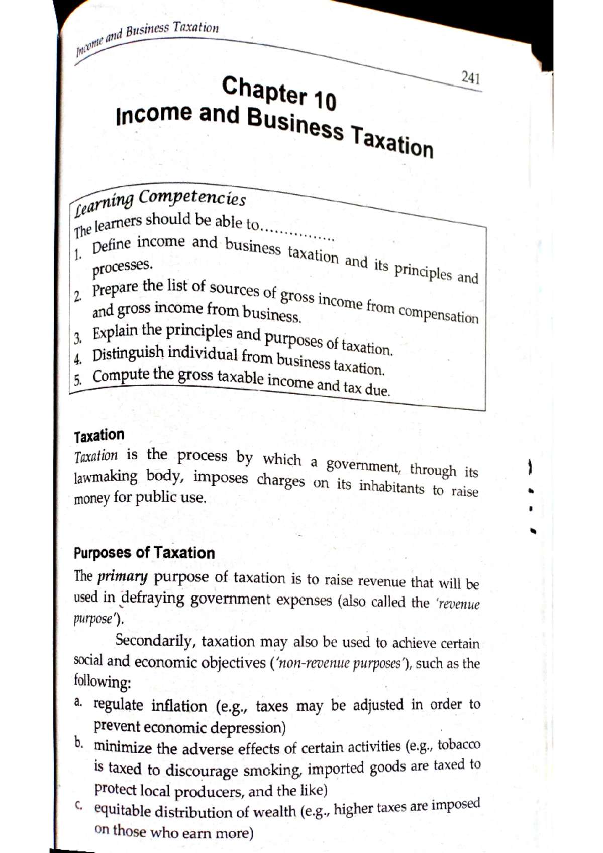 Taxation 241 Chapter 10: Income and Business Taxation Overview and Key ...