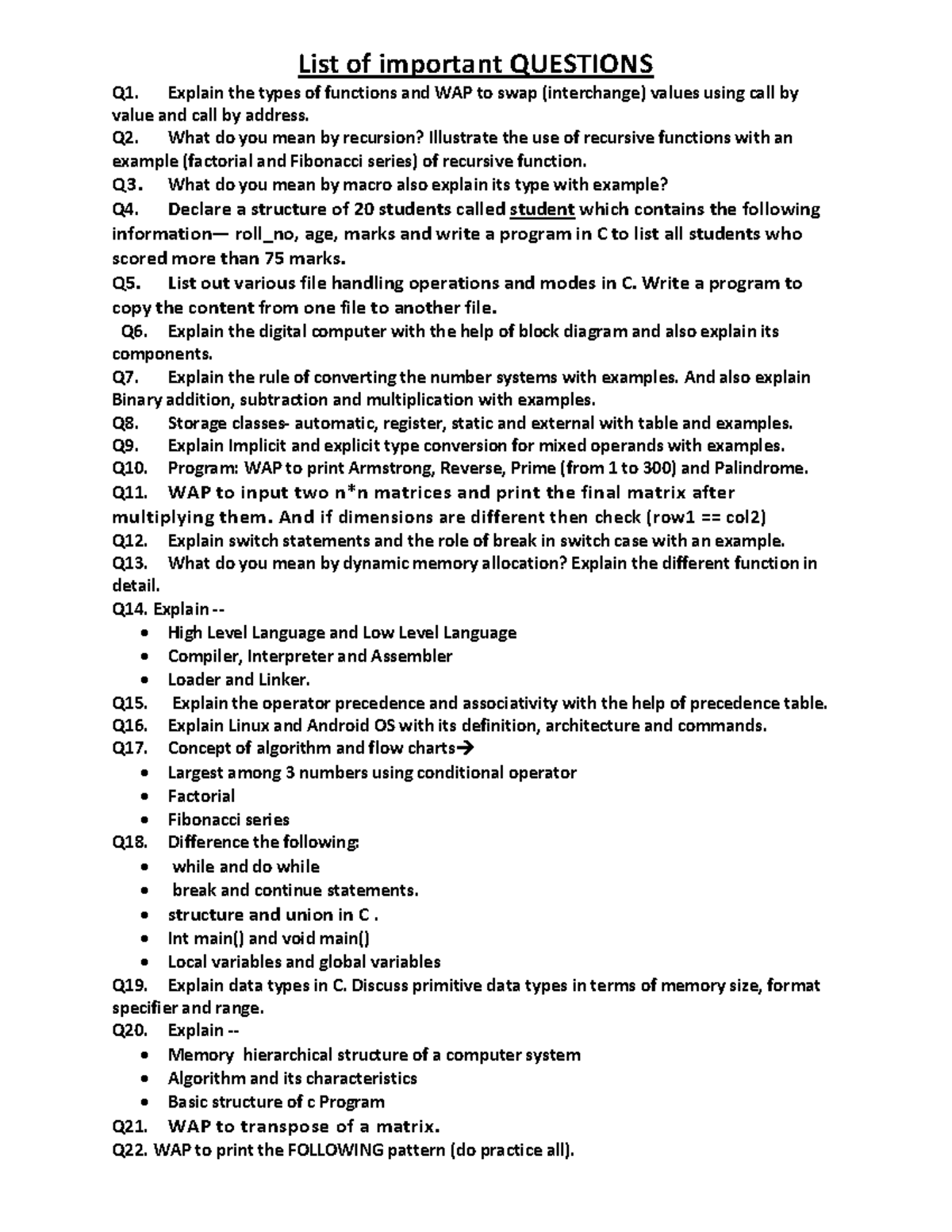 CSE Important Questions for Practice (CSE 101) - Studocu