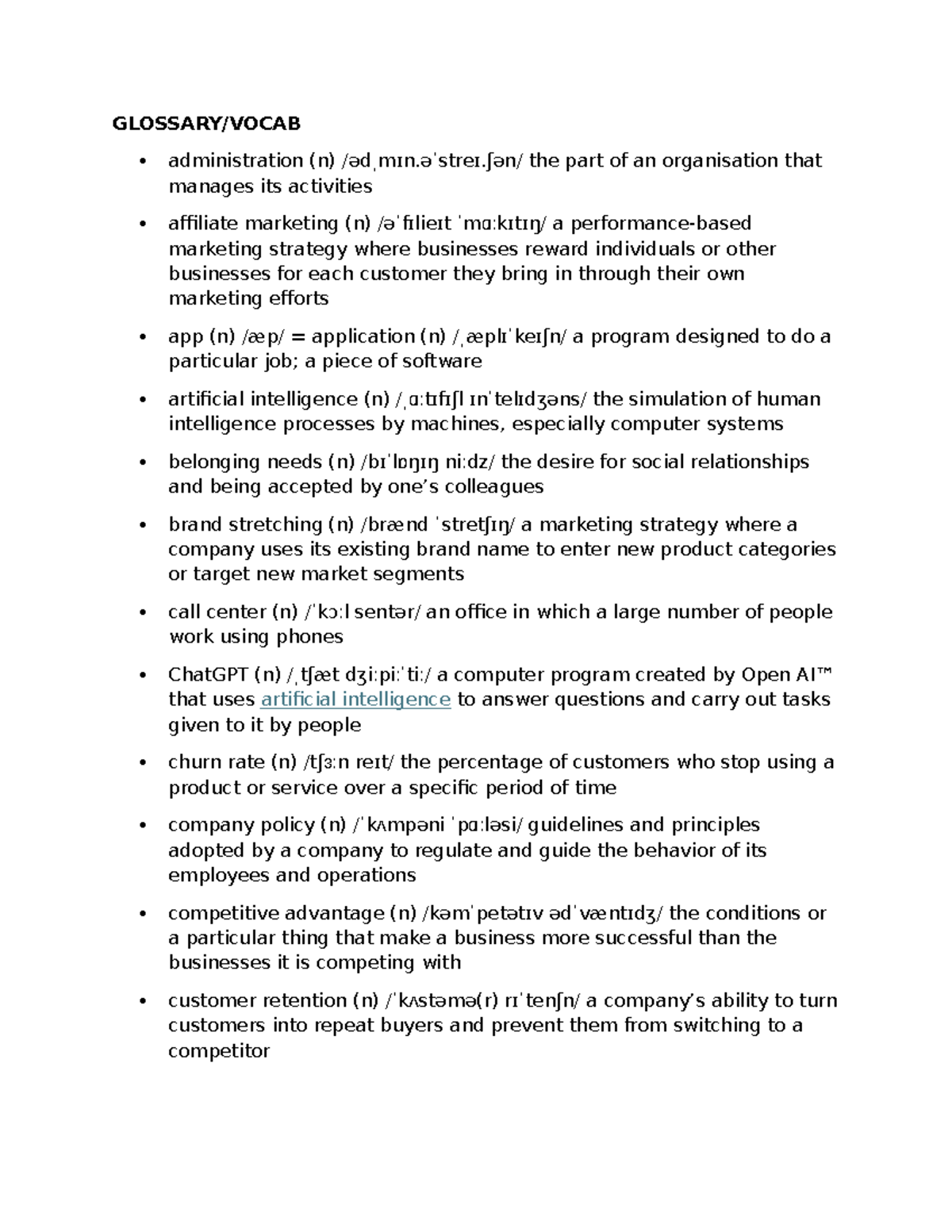 Glossary of Key Terms in Administration and Marketing (Course Code ...
