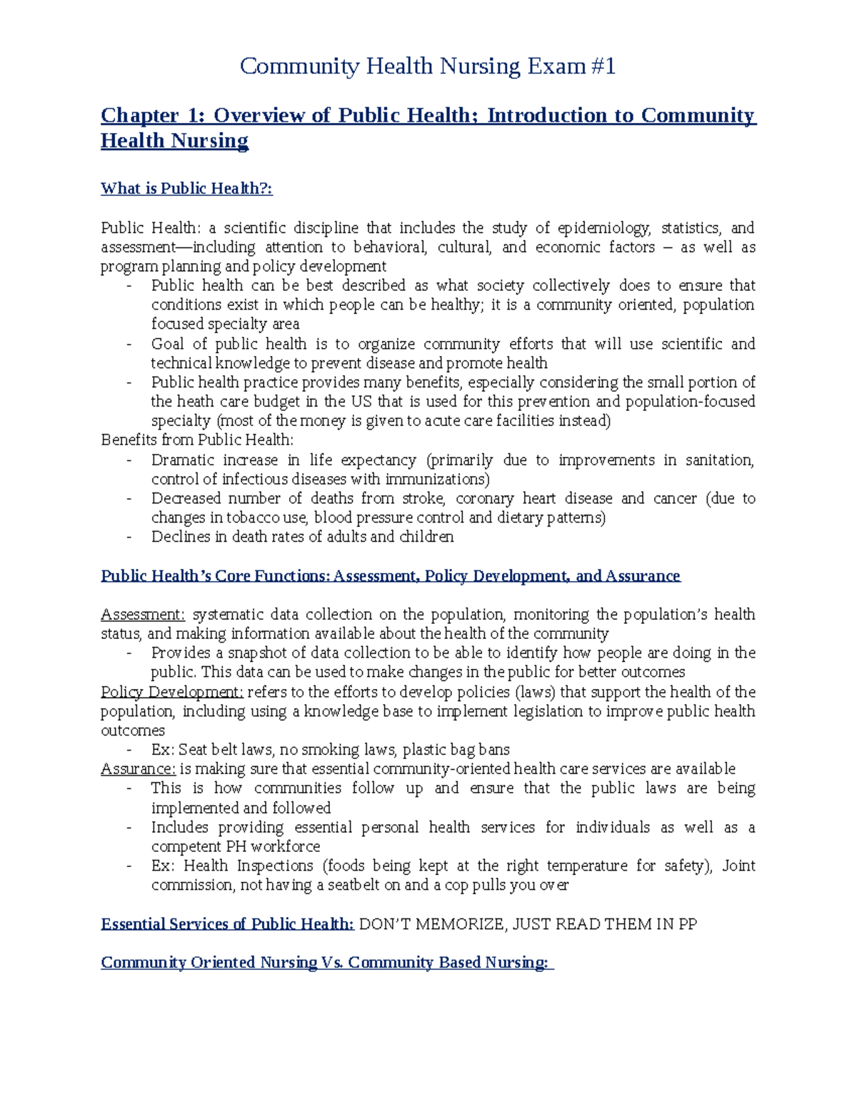 Community Nursing Exam 1 - Chapter 1: Overview of Public Health ...
