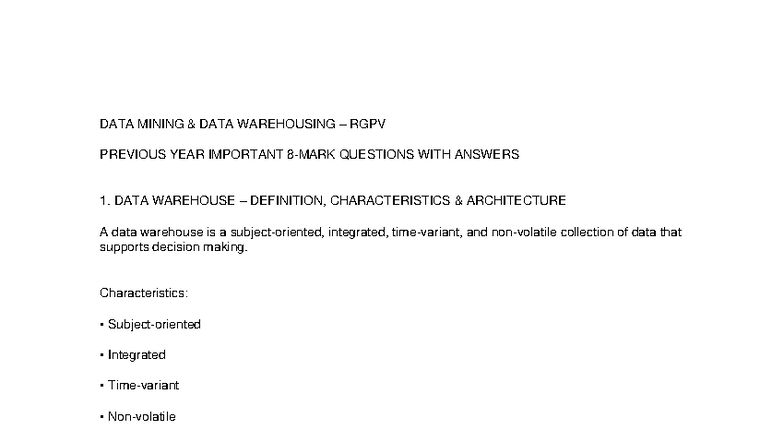 DATA MINING RGPV PREVIOUS YEAR IMPORTANT QUESTIONS & ANSWERS - Studocu