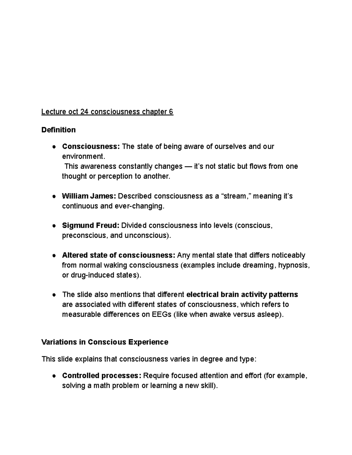 Psych 101: Lecture Notes on Consciousness and Sleep (Oct 24) - Studocu