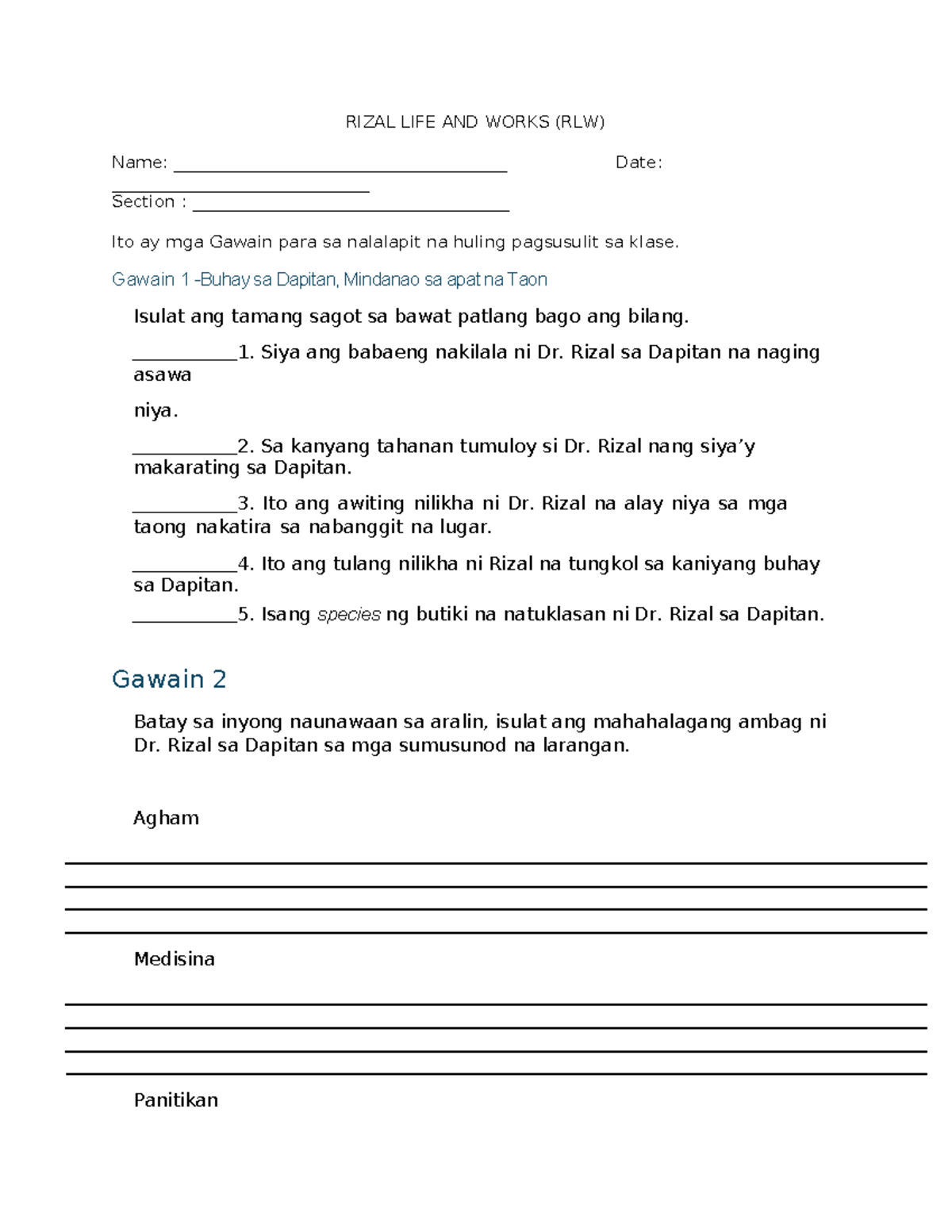 Mga Gawain Para sa Huling Pagsusulit sa Rizal Life and Works (RLW ...