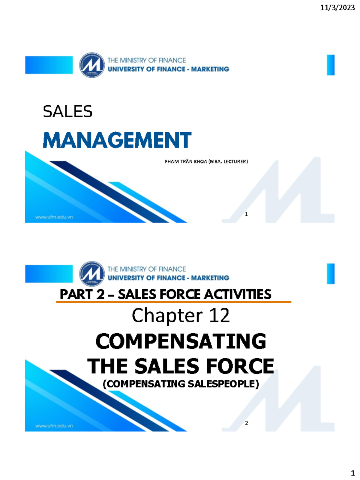 Chapter 12 - sales management course - 1 MANAGEMENT SALES PHẠM TRẦN ...