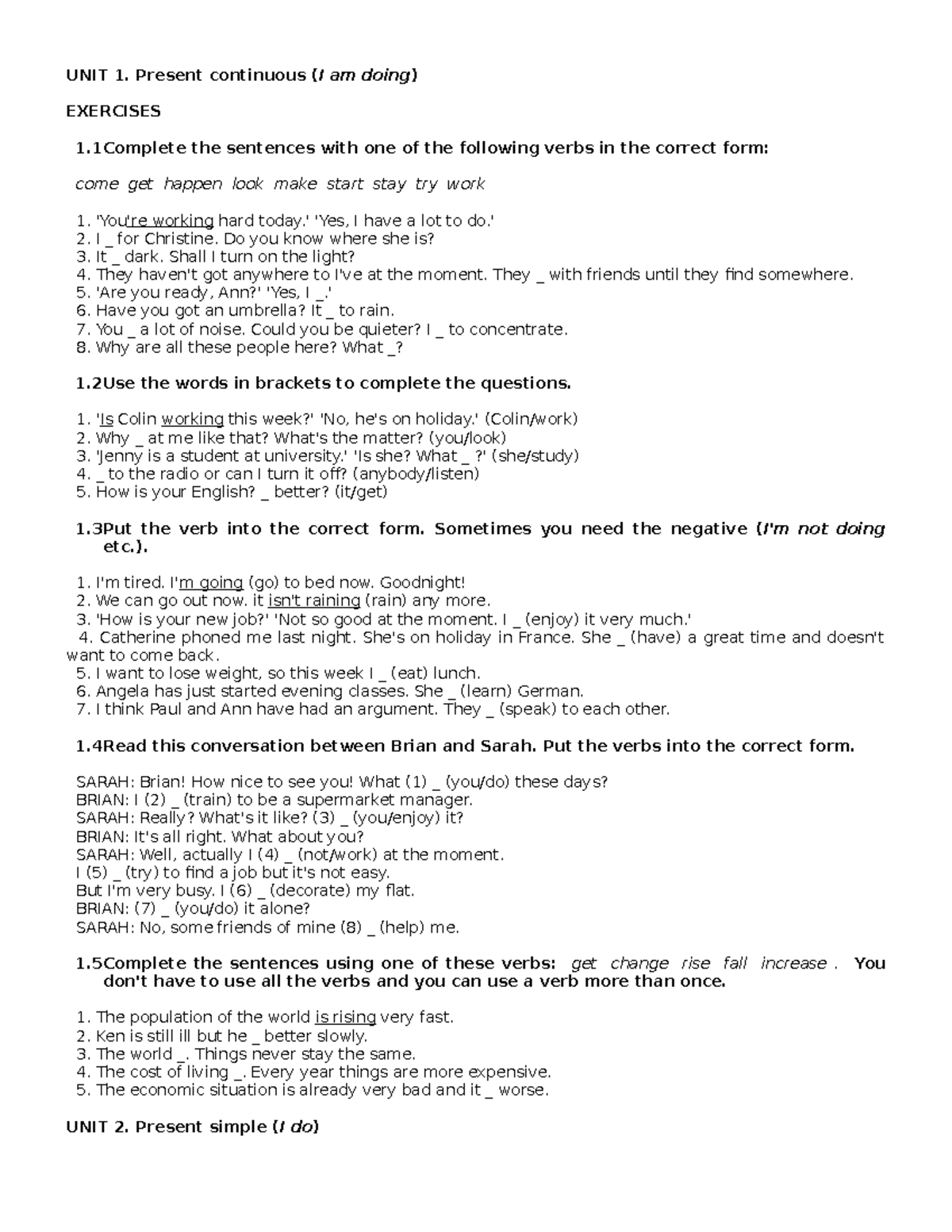Grammar Exercises 1: Present Continuous and Simple (Unit 1-6) - Studocu