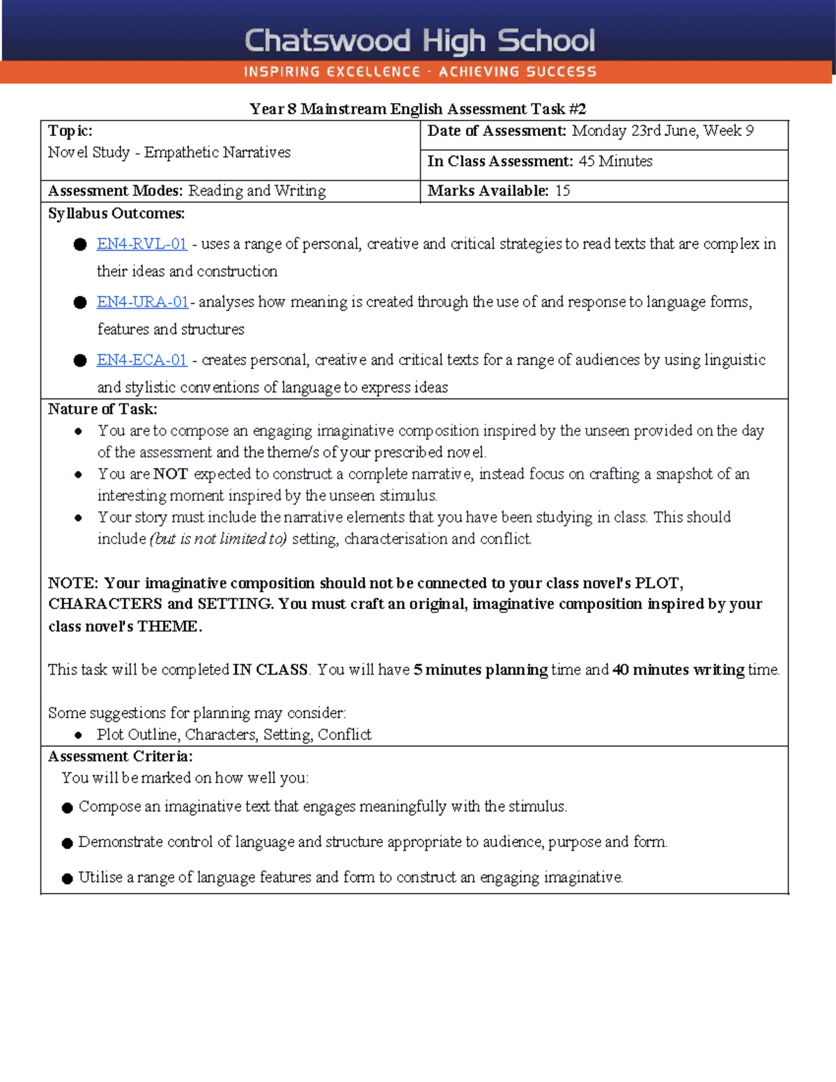 Year 8 Mainstream English Assessment: Empathetic Narratives Task - Studocu