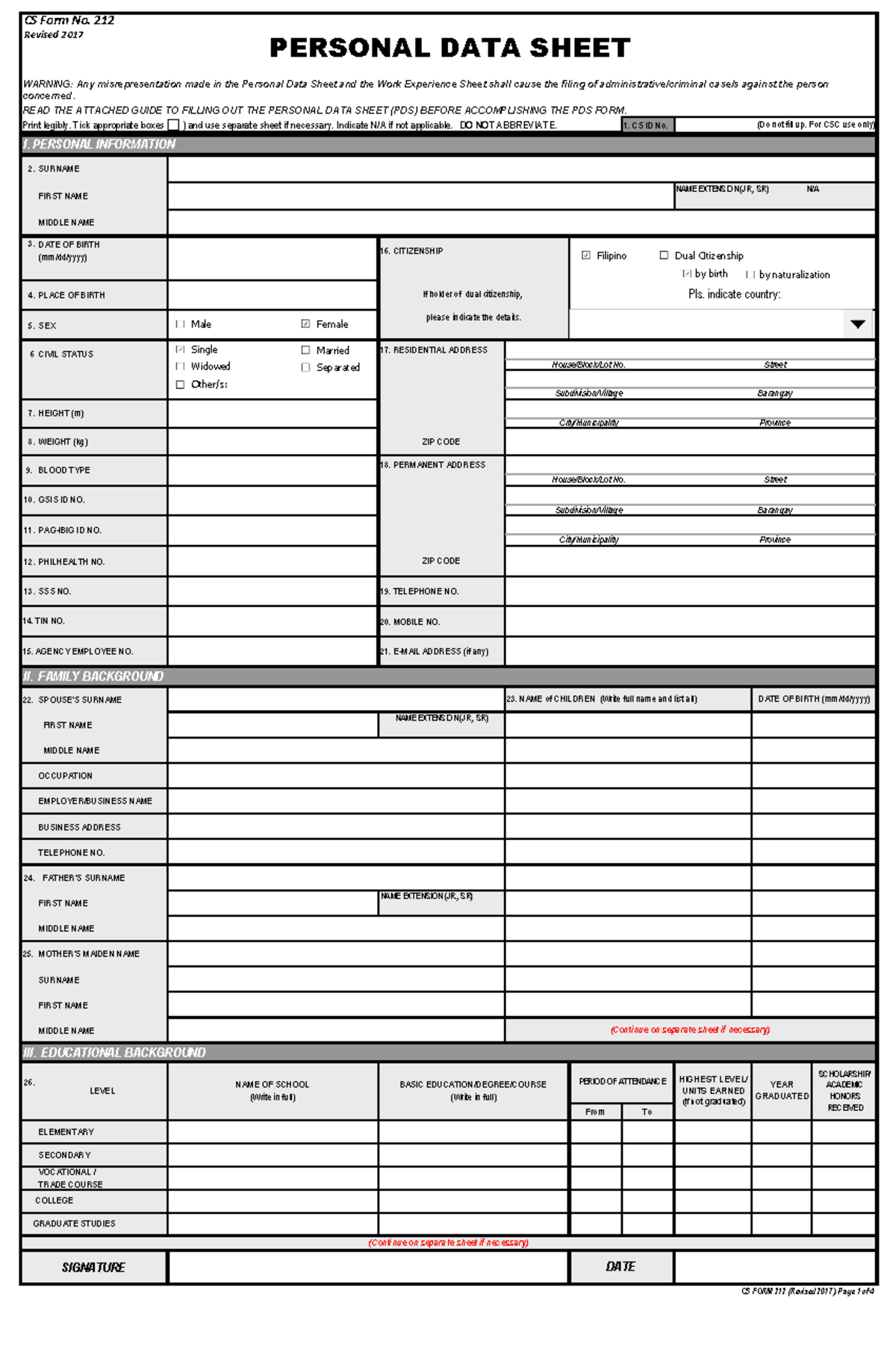 CS Form No. 212: Personal Data Sheet (PDS) Template 2017 - Studocu