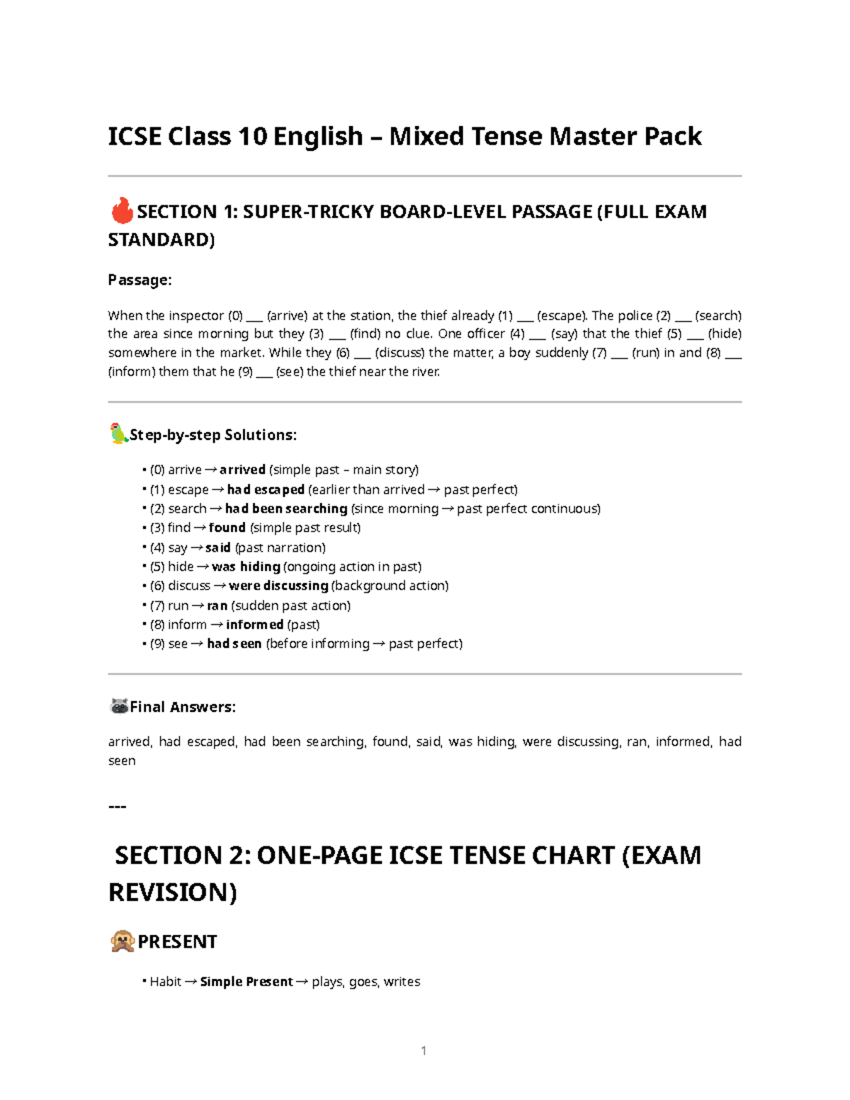 ICSE Class 10 English Mixed Tense Master Pack: Exam Prep Guide - Studocu
