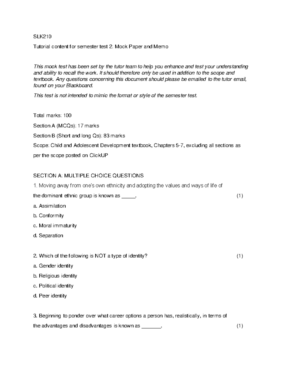 SLK210 Mock Test 2 - Practice Paper for Semester Test 2 - Studocu