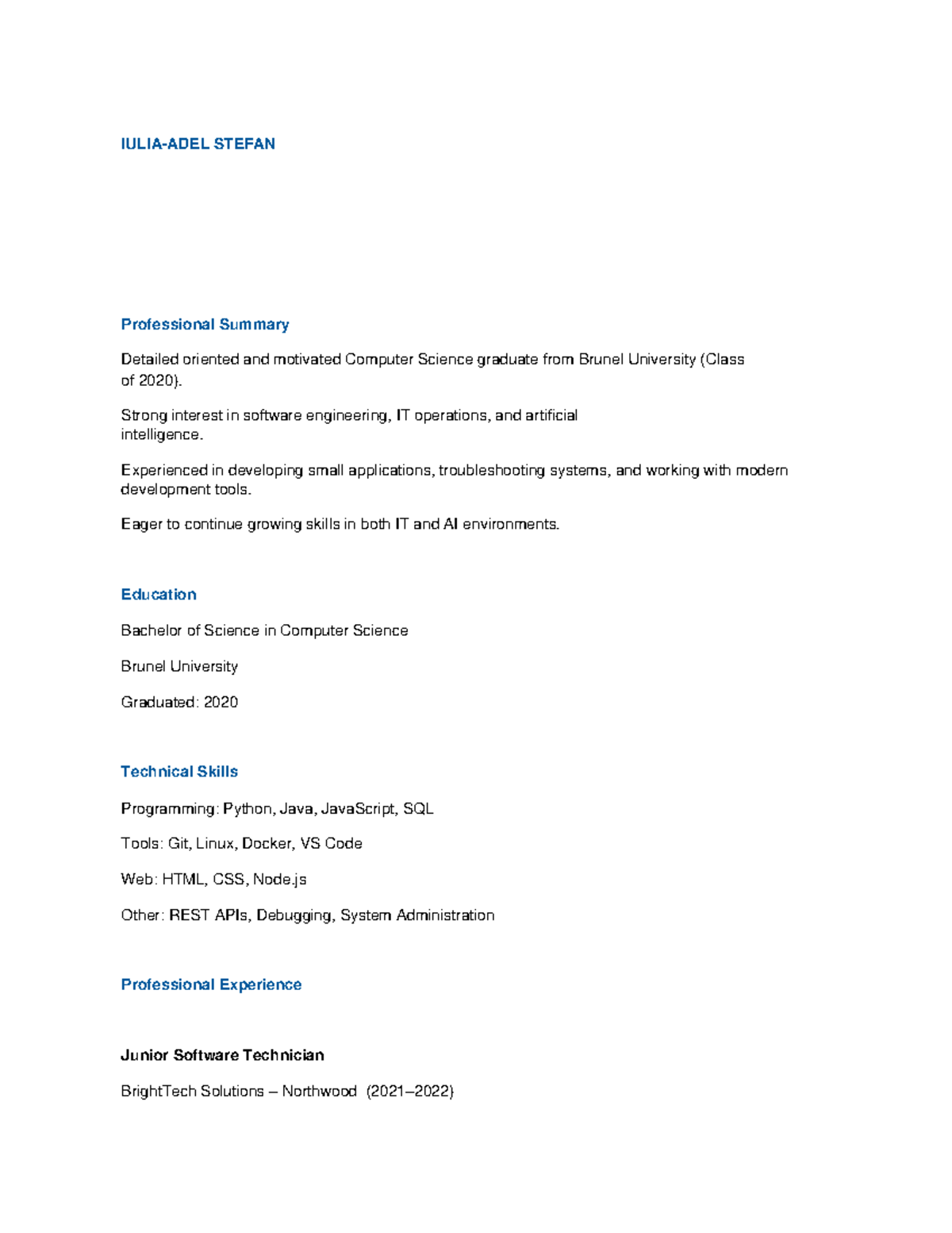 STEFAN CV - Computer Science Graduate (Class of 2020) - Studocu