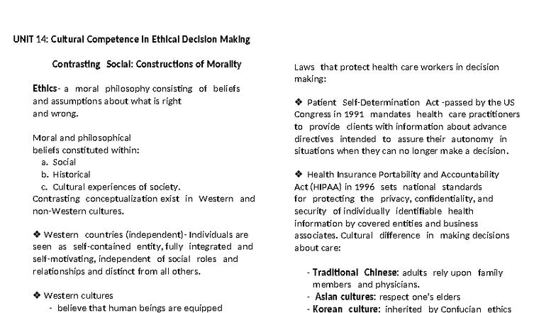 UNIT 14: Cultural Competence in Ethical Decision Making Lecture Notes ...
