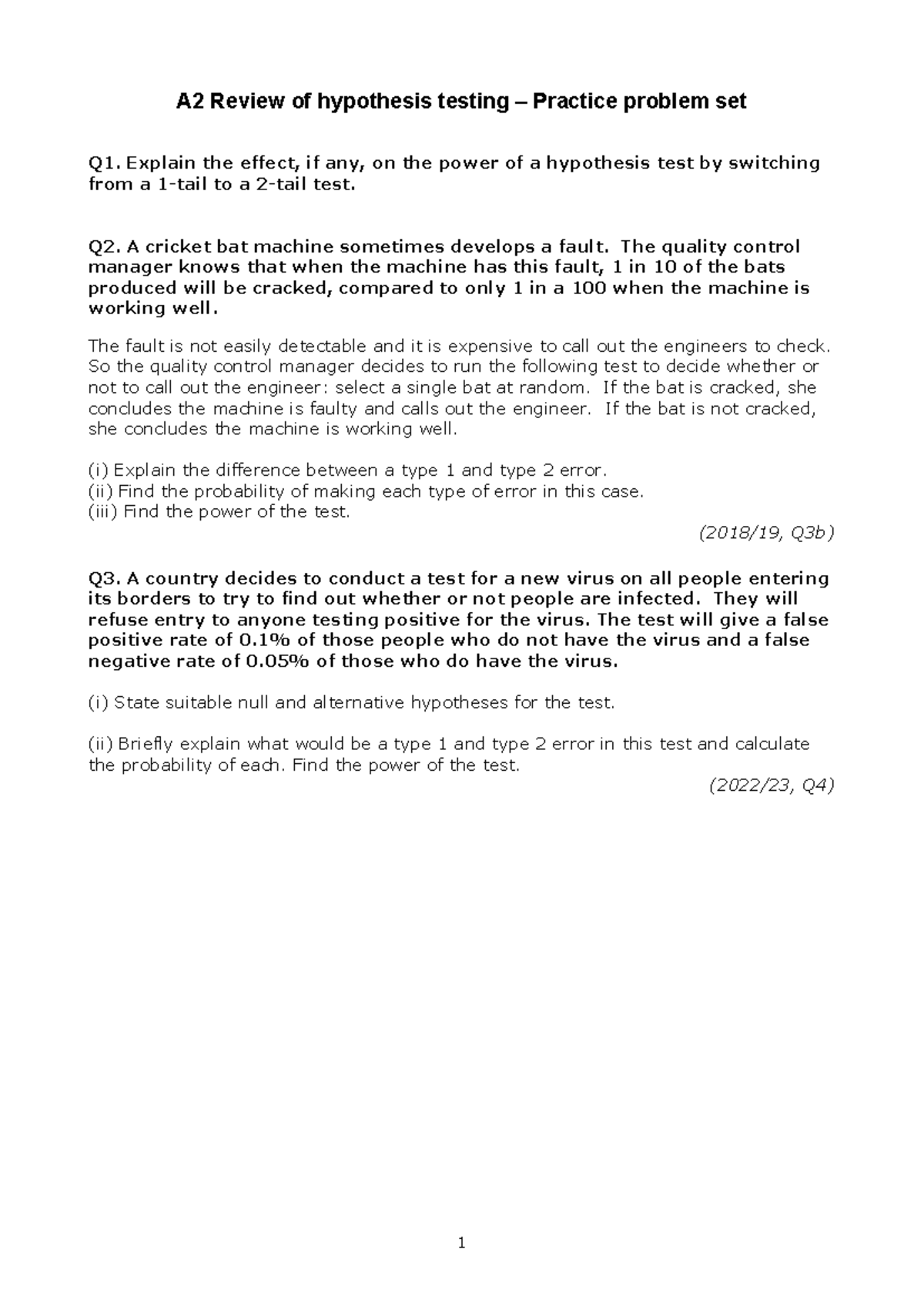 A1 Review hypothesis testing practice problem set - A2 Review of ...