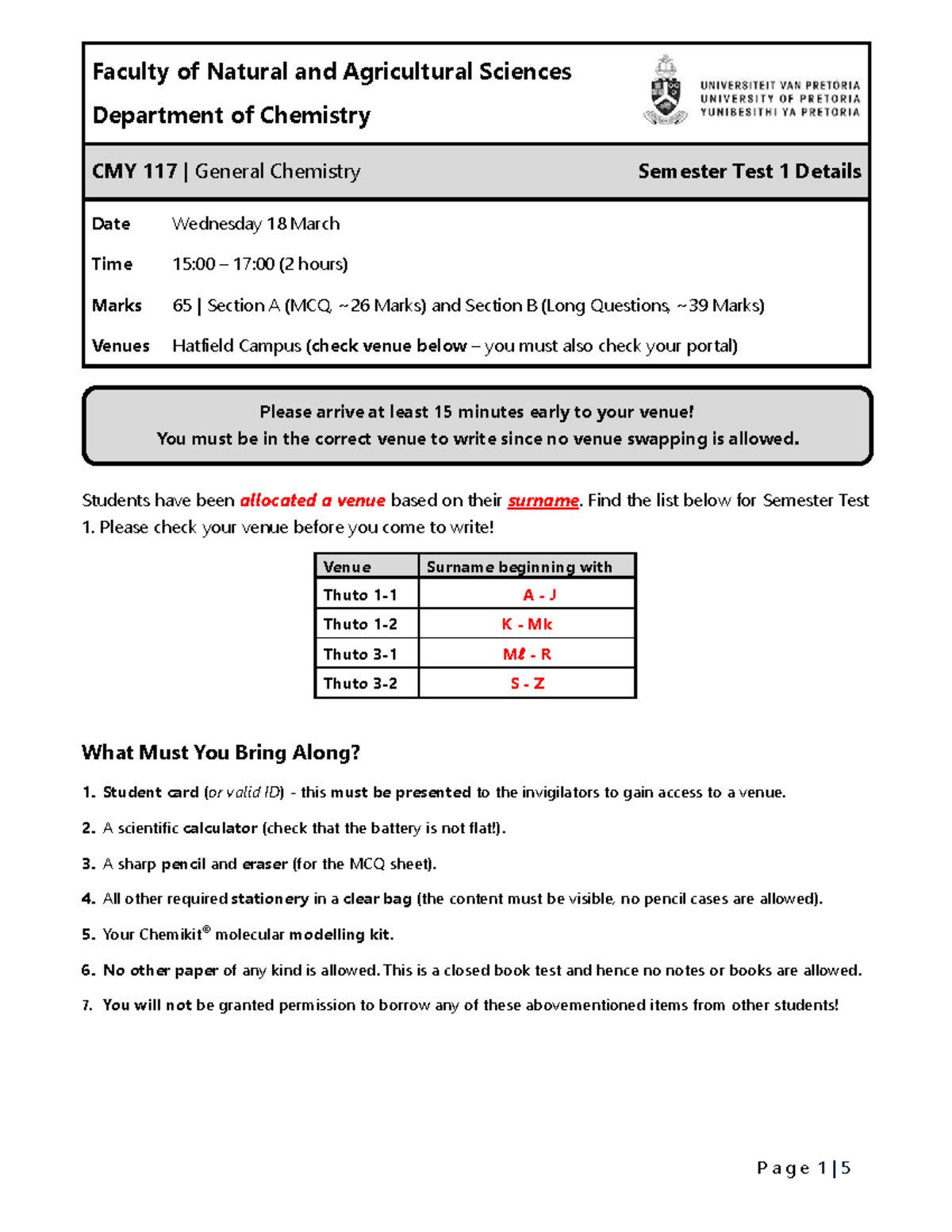 CMY 117 | General Chemistry Semester Test 1 Details - Studocu
