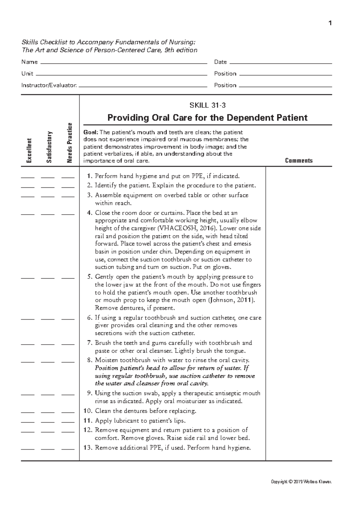 Oral care for dependent patient - 1 Skills Checklist to Accompany ...
