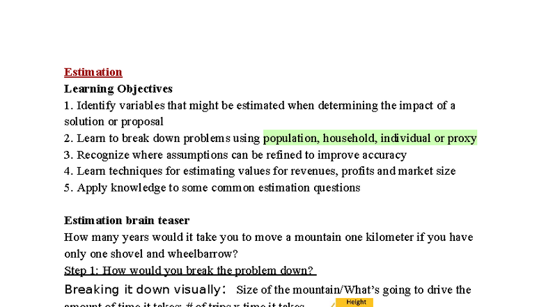 BU111 Estimation Learning Objectives and Techniques for Market Analysis ...