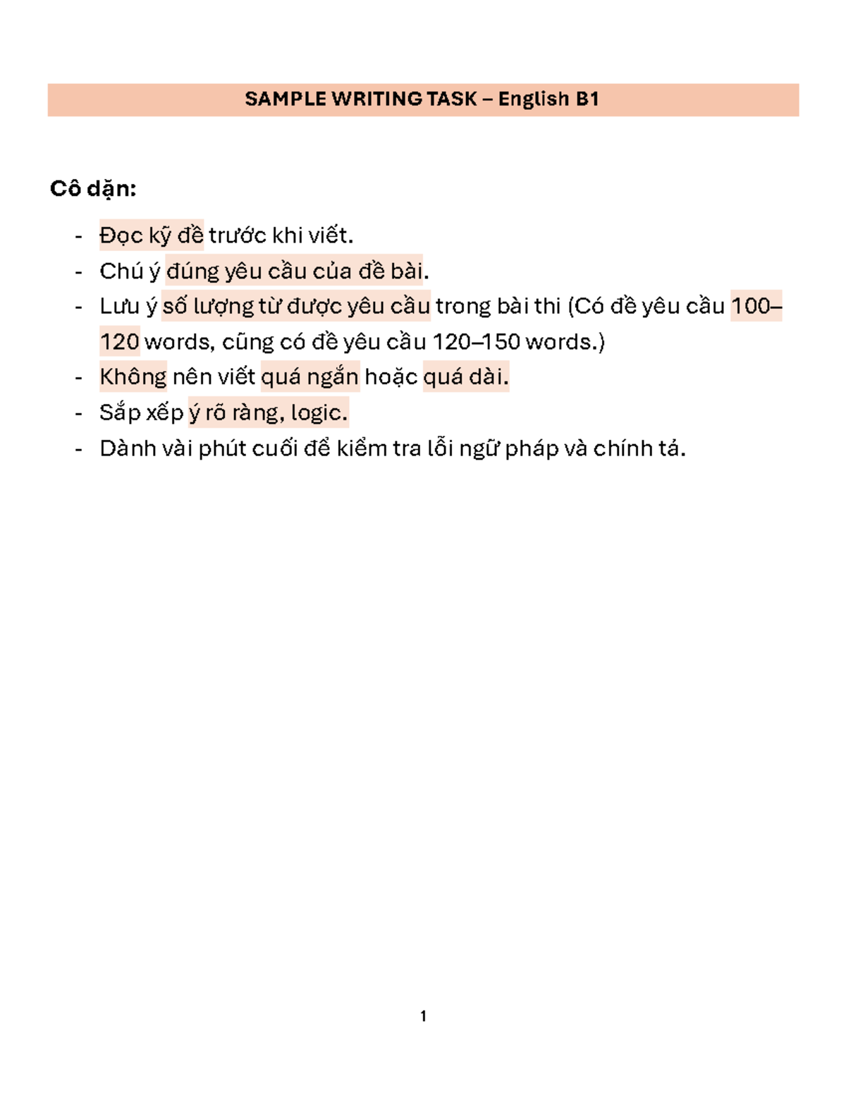 Sample Writing Tasks for English B1 - Cô Vũ - Studocu