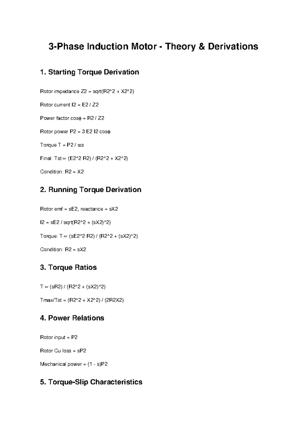 Induction Motor Theory Derivations Notes (IMT 101) - Studocu